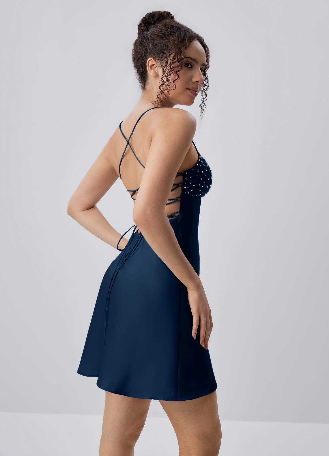 Joviannelle A-Line Spaghetti-Strap Satin Prom Dress in Navy