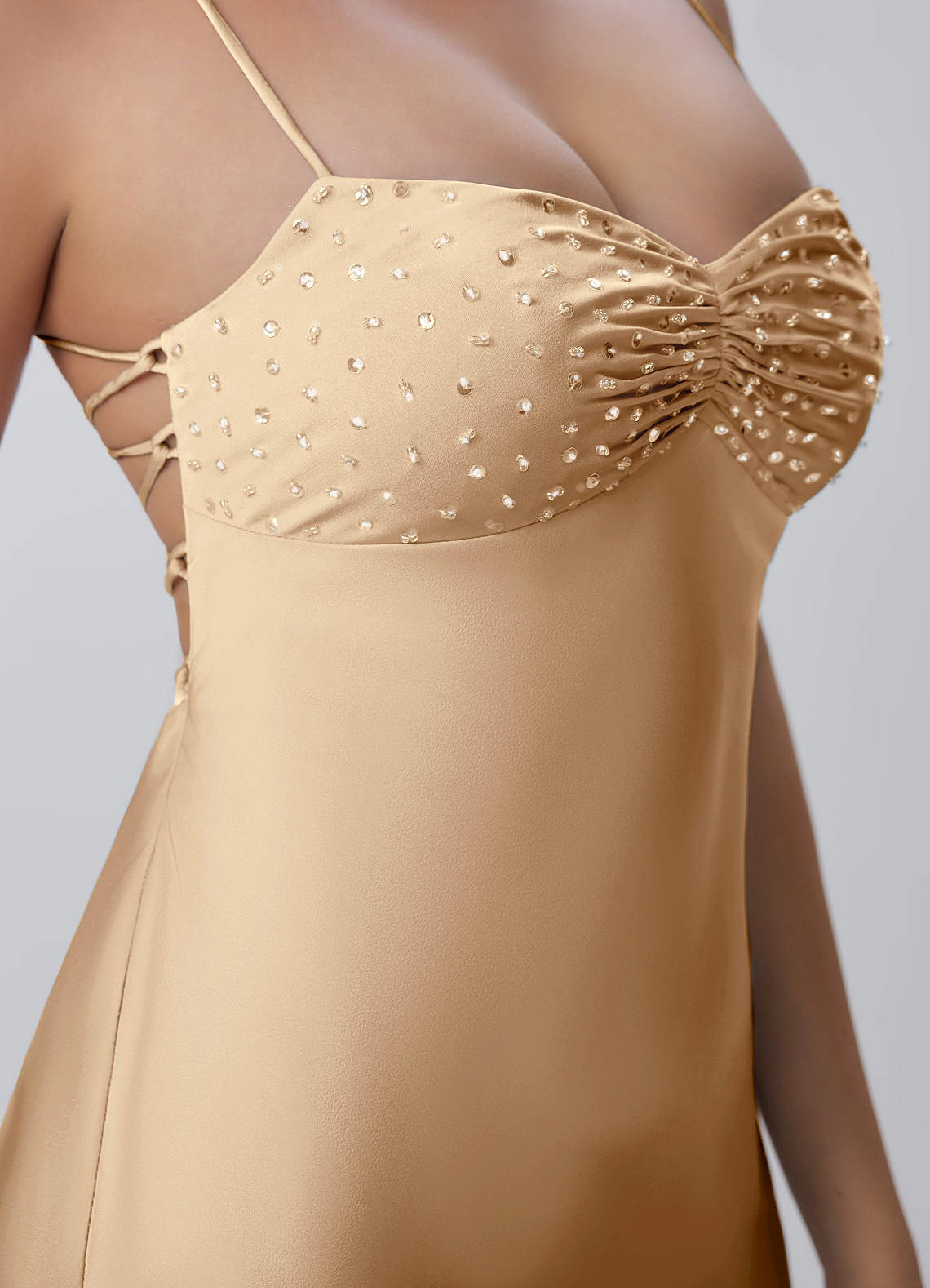 Joviannelle A-Line Spaghetti-Strap Satin Prom Dress in Champagne