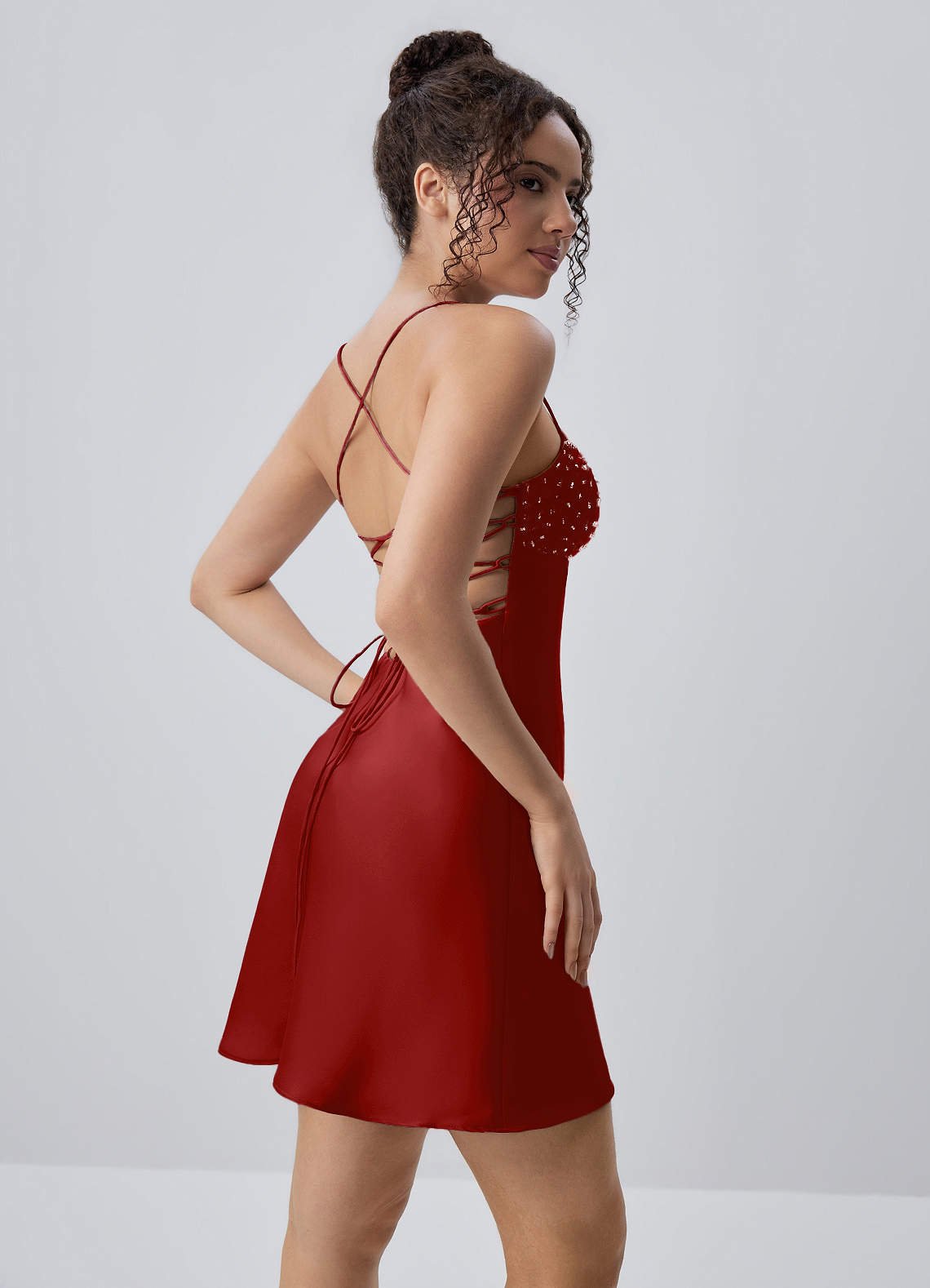 Joviannelle A-Line Spaghetti-Strap Satin Prom Dress in Ruby Red
