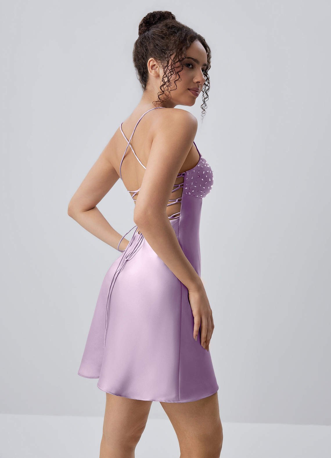 Joviannelle A-Line Spaghetti-Strap Satin Prom Dress in Frosted Lilac