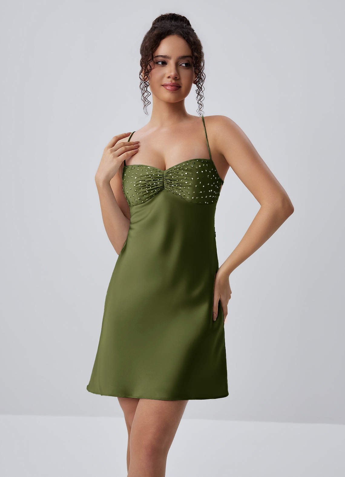Joviannelle A-Line Spaghetti-Strap Satin Prom Dress in Olive