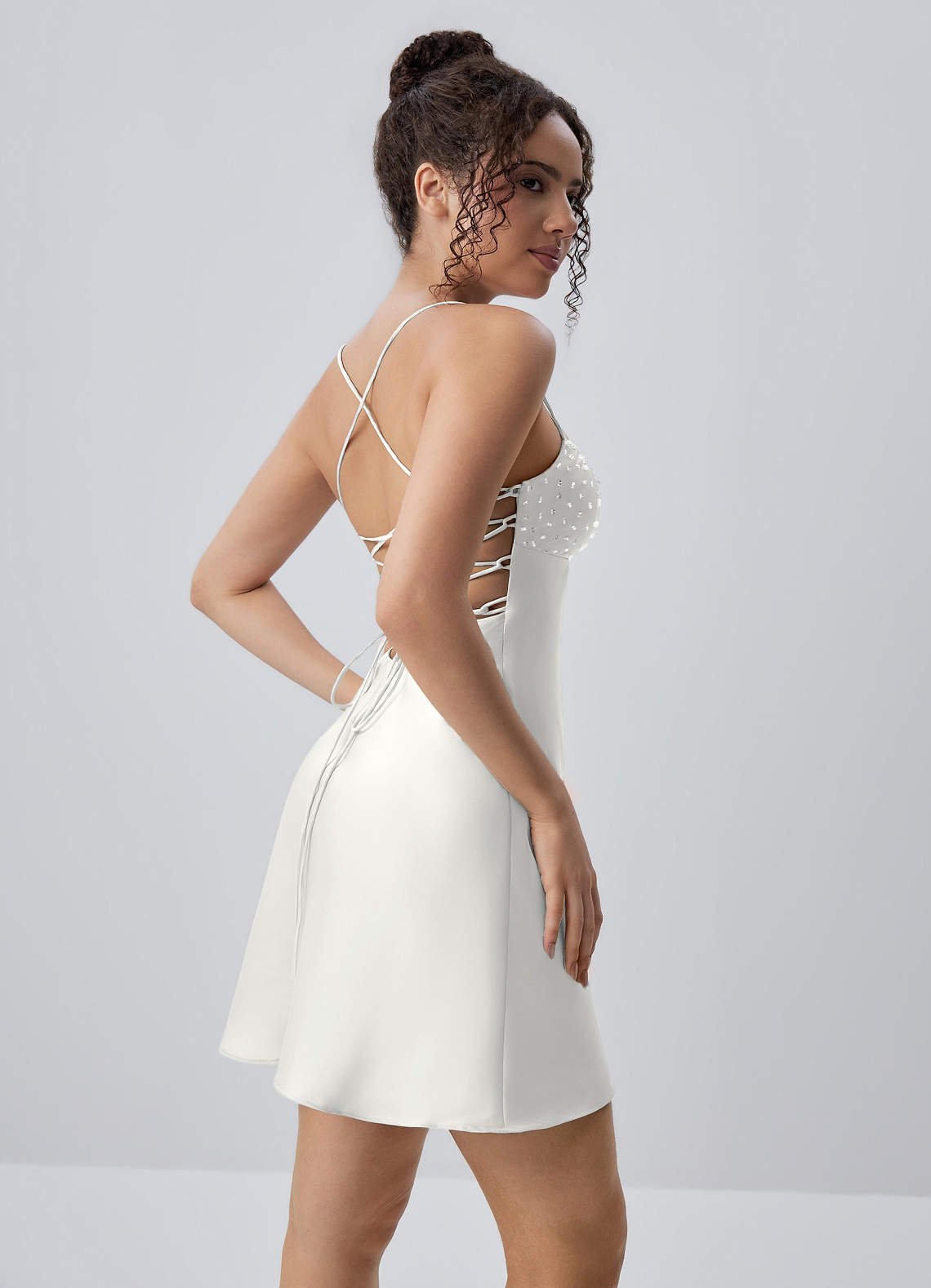 Joviannelle A-Line Spaghetti-Strap Satin Prom Dress in White