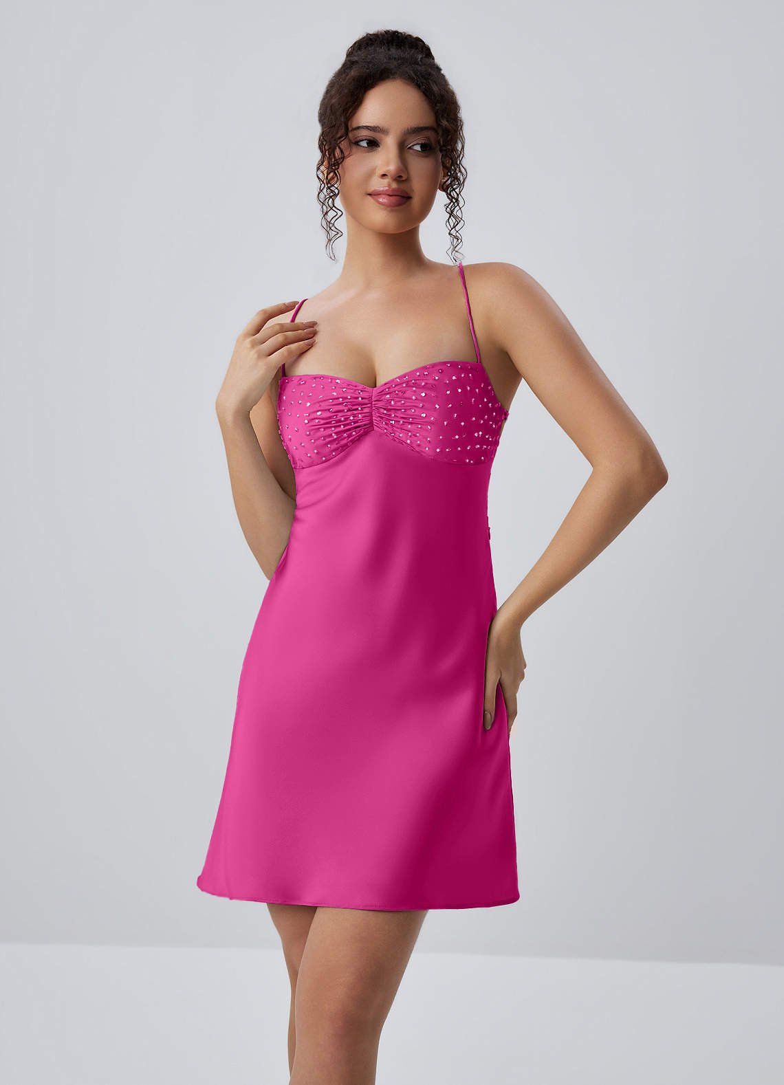 Joviannelle A-Line Spaghetti-Strap Satin Prom Dress in Hot Pink