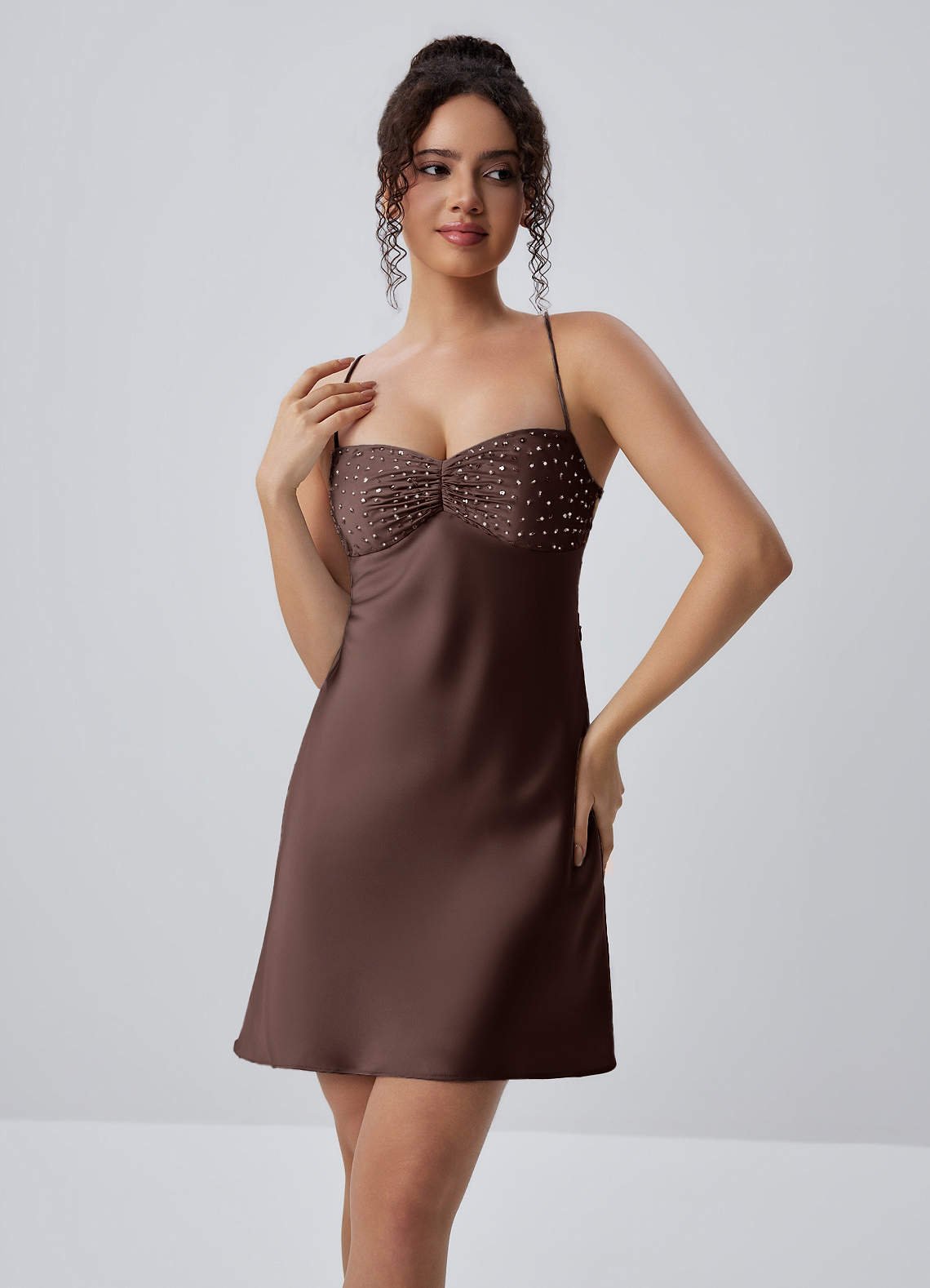 Joviannelle A-Line Spaghetti-Strap Satin Prom Dress in Truffle