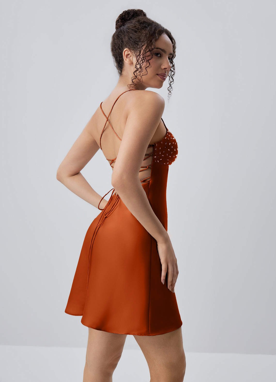Joviannelle A-Line Spaghetti-Strap Satin Prom Dress in Rust