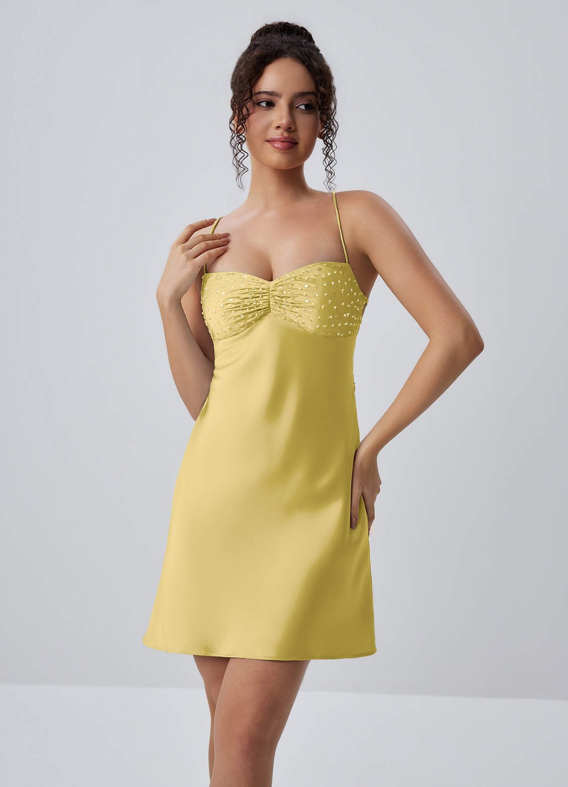 Joviannelle A-Line Spaghetti-Strap Satin Prom Dress in Pastel Yellow