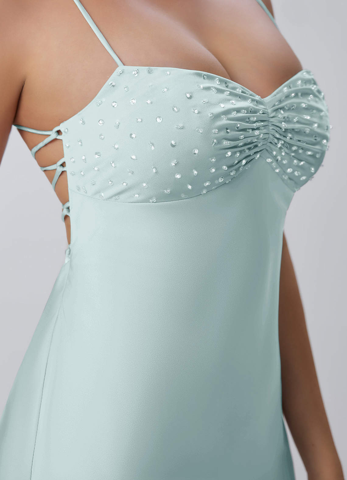 Joviannelle A-Line Spaghetti-Strap Satin Prom Dress in Mist