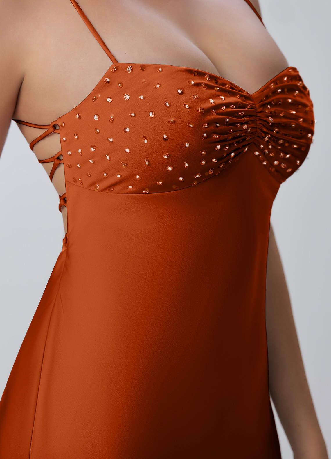 Joviannelle A-Line Spaghetti-Strap Satin Prom Dress in Rust