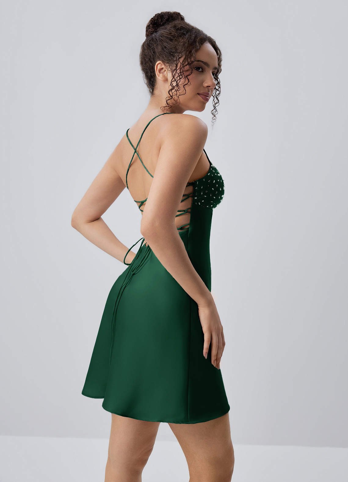 Joviannelle A-Line Spaghetti-Strap Satin Prom Dress in Emerald Green