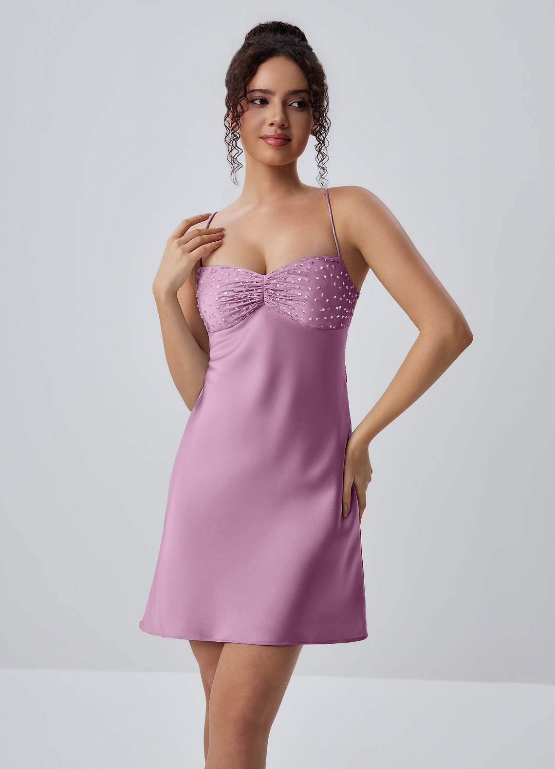 Joviannelle A-Line Spaghetti-Strap Satin Prom Dress in Wisteria