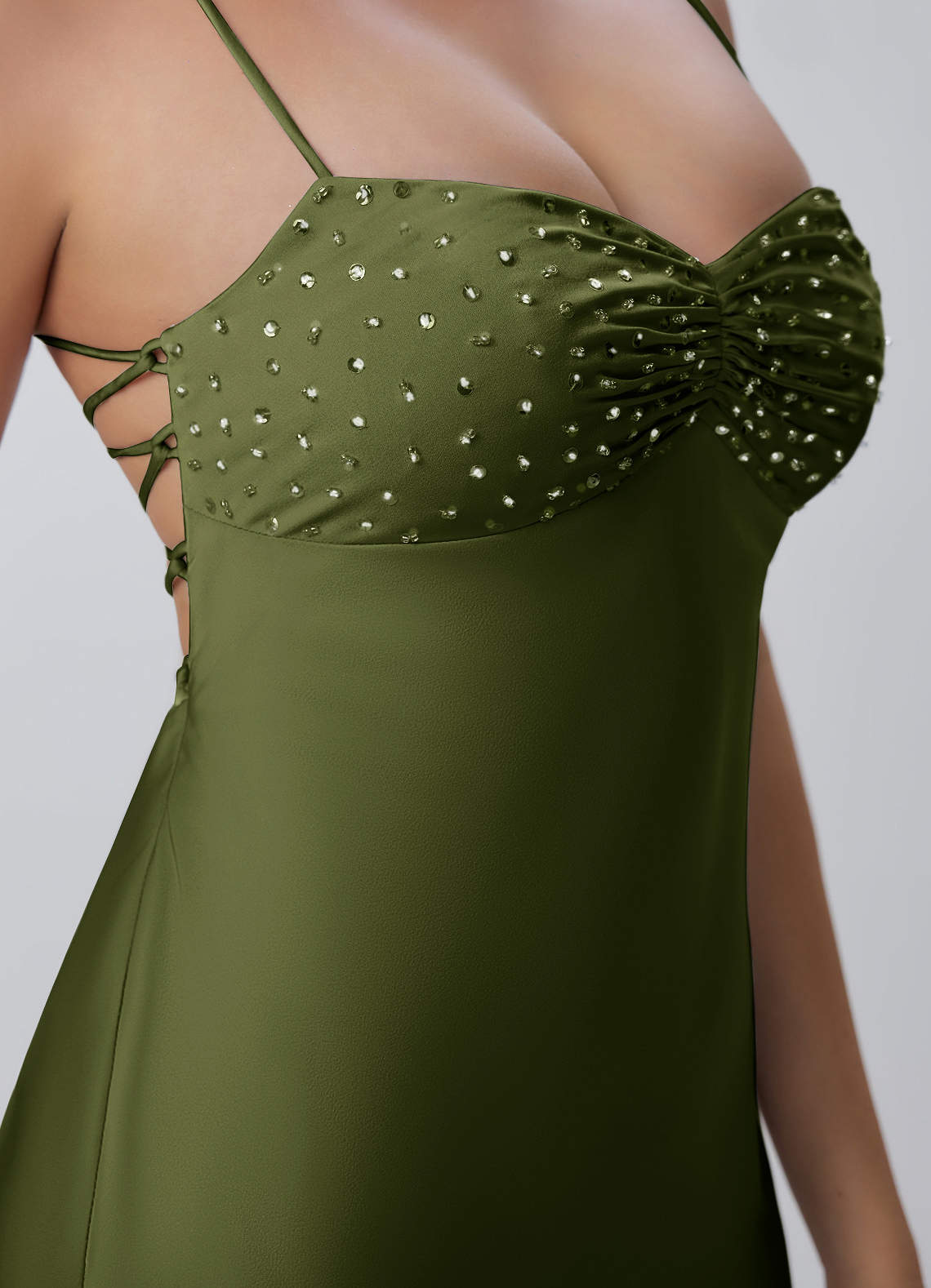Joviannelle A-Line Spaghetti-Strap Satin Prom Dress in Olive