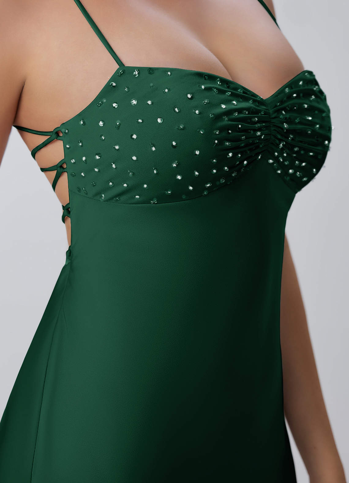 Joviannelle A-Line Spaghetti-Strap Satin Prom Dress in Emerald Green