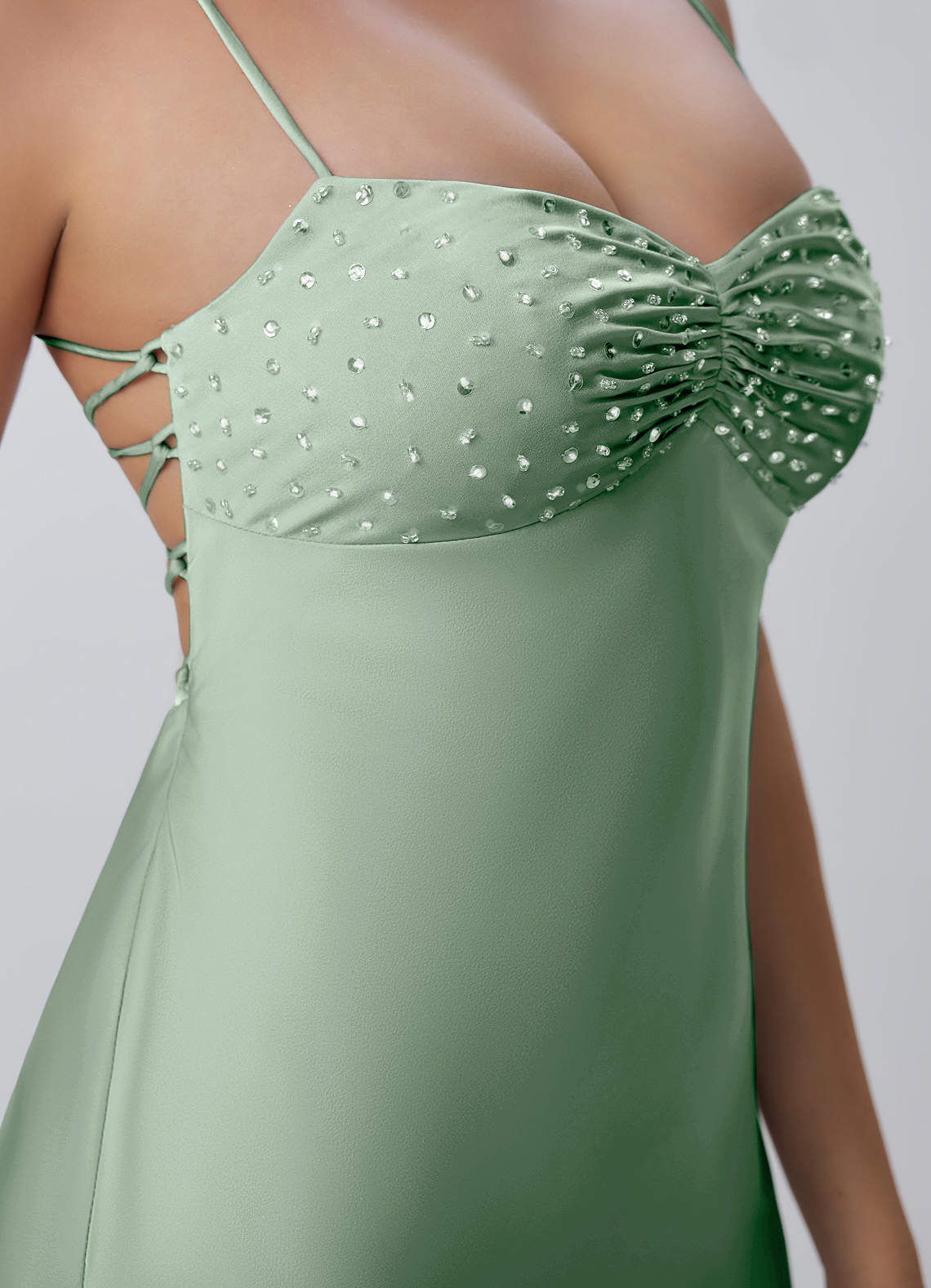 Joviannelle A-Line Spaghetti-Strap Satin Prom Dress in Agave Green