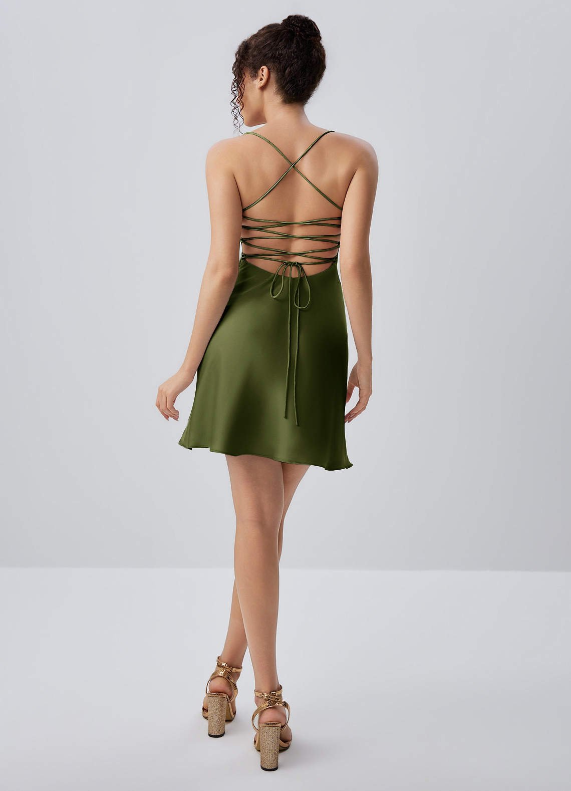 Joviannelle A-Line Spaghetti-Strap Satin Prom Dress in Olive
