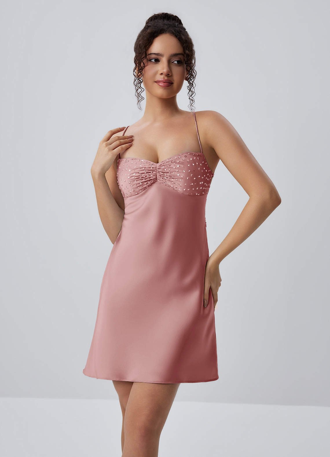 Joviannelle A-Line Spaghetti-Strap Satin Prom Dress in Dusty Pink