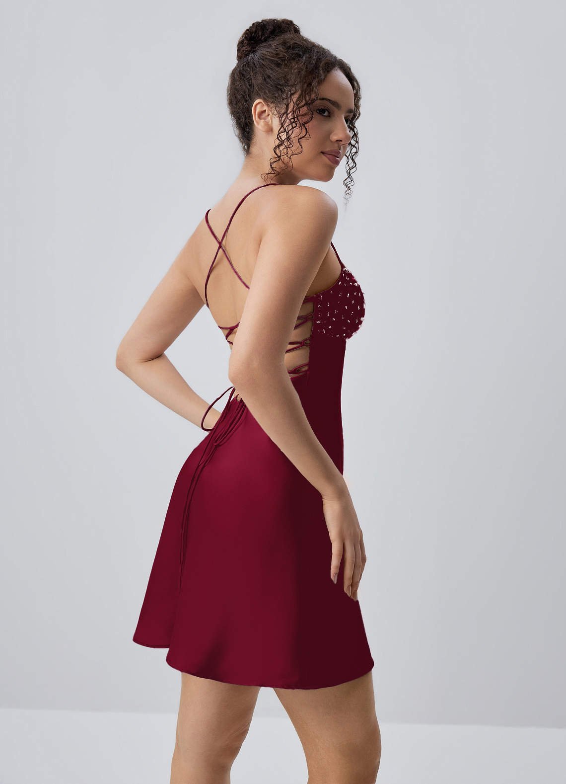 Joviannelle A-Line Spaghetti-Strap Satin Prom Dress in Merlot