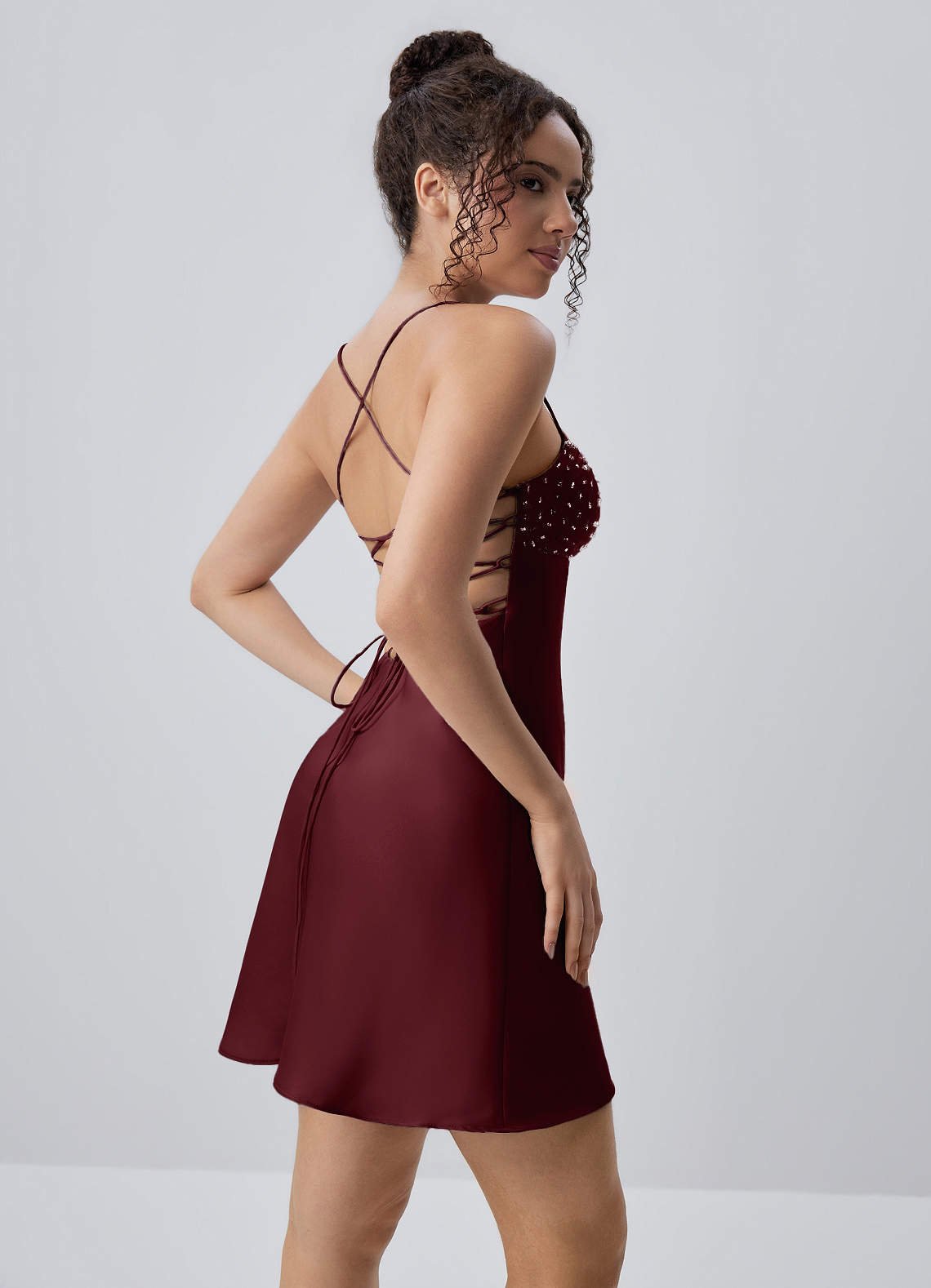 Joviannelle A-Line Spaghetti-Strap Satin Prom Dress in Wine