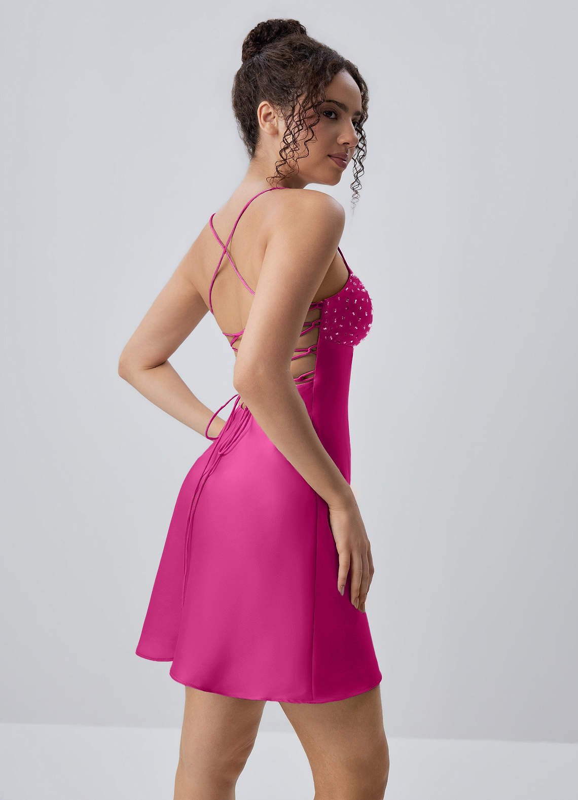 Joviannelle A-Line Spaghetti-Strap Satin Prom Dress in Hot Pink