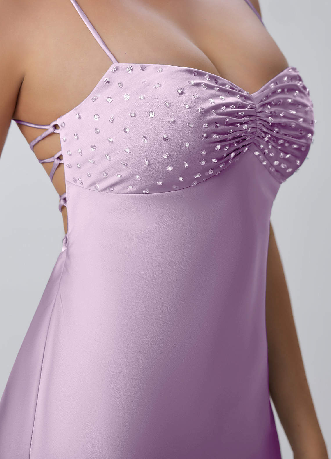 Joviannelle A-Line Spaghetti-Strap Satin Prom Dress in Frosted Lilac
