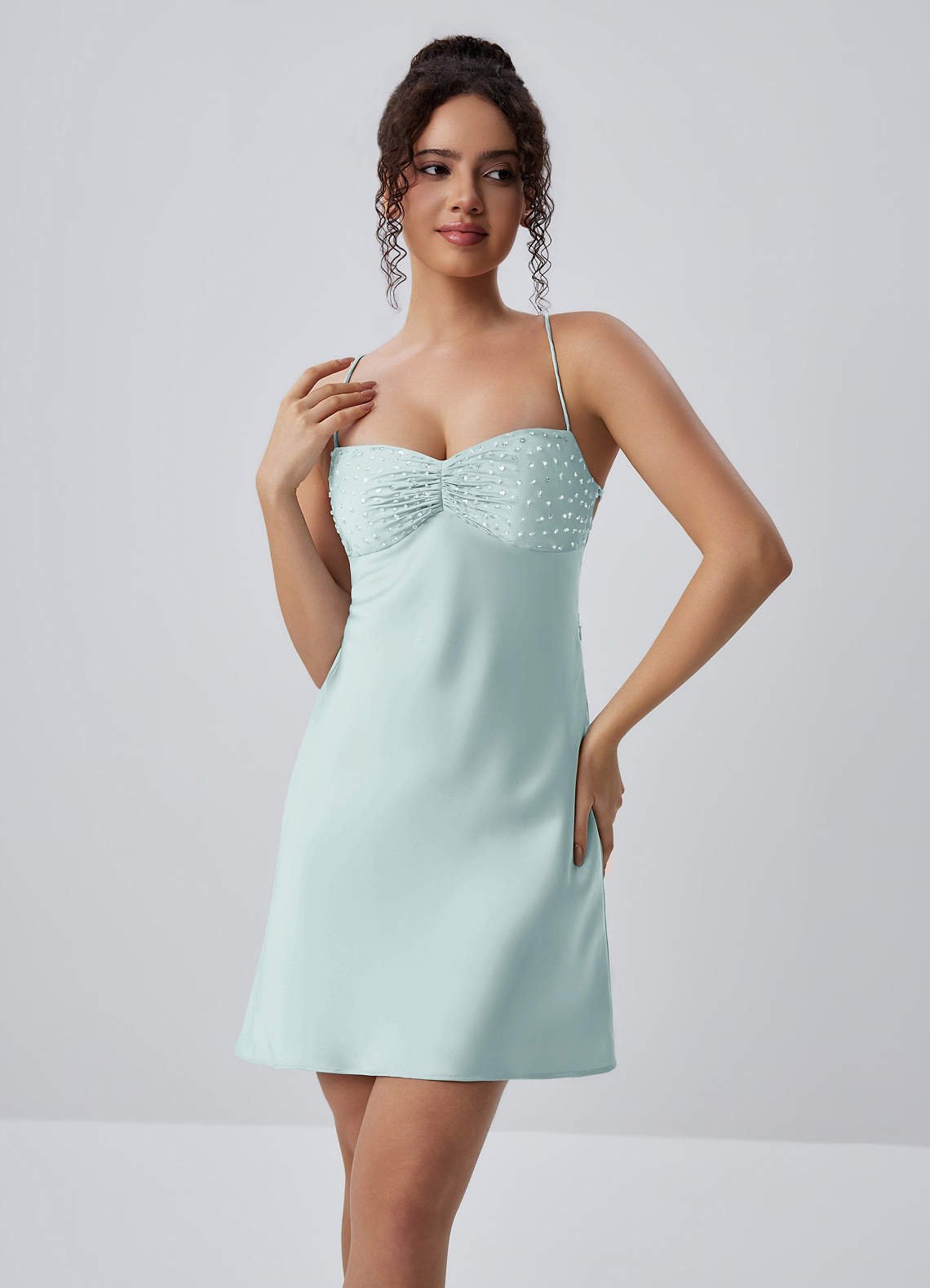 Joviannelle A-Line Spaghetti-Strap Satin Prom Dress in Mist
