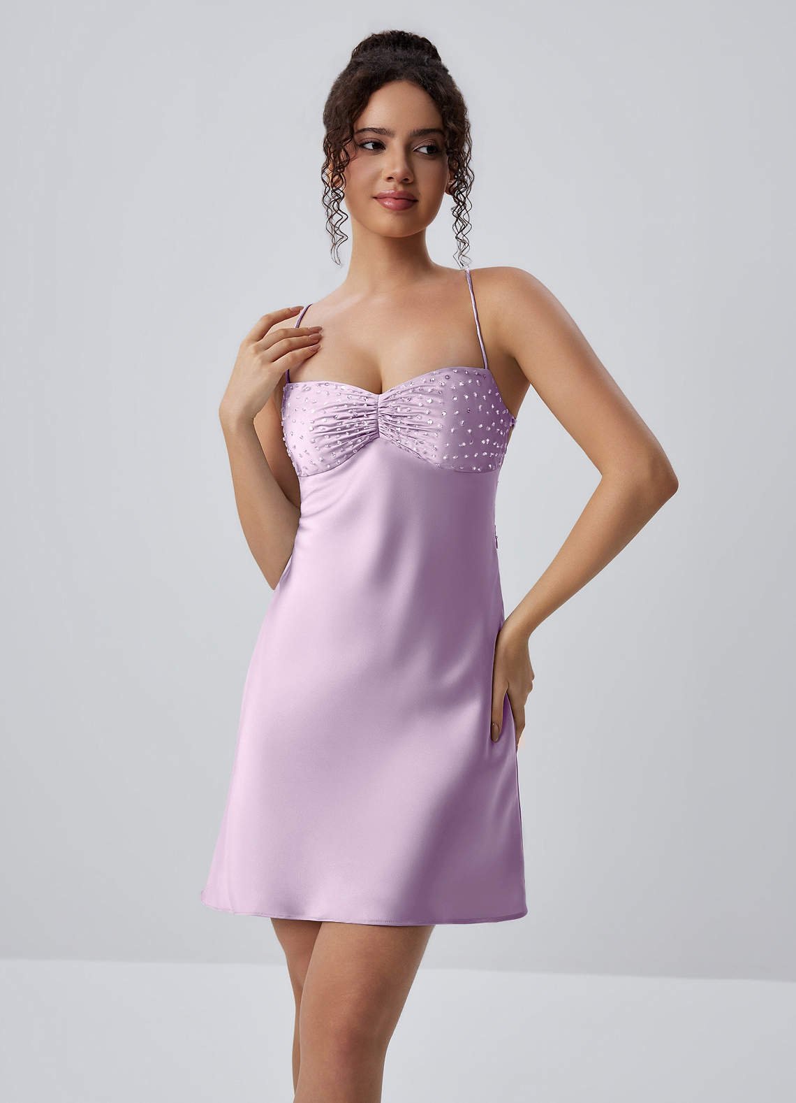 Joviannelle A-Line Spaghetti-Strap Satin Prom Dress in Frosted Lilac