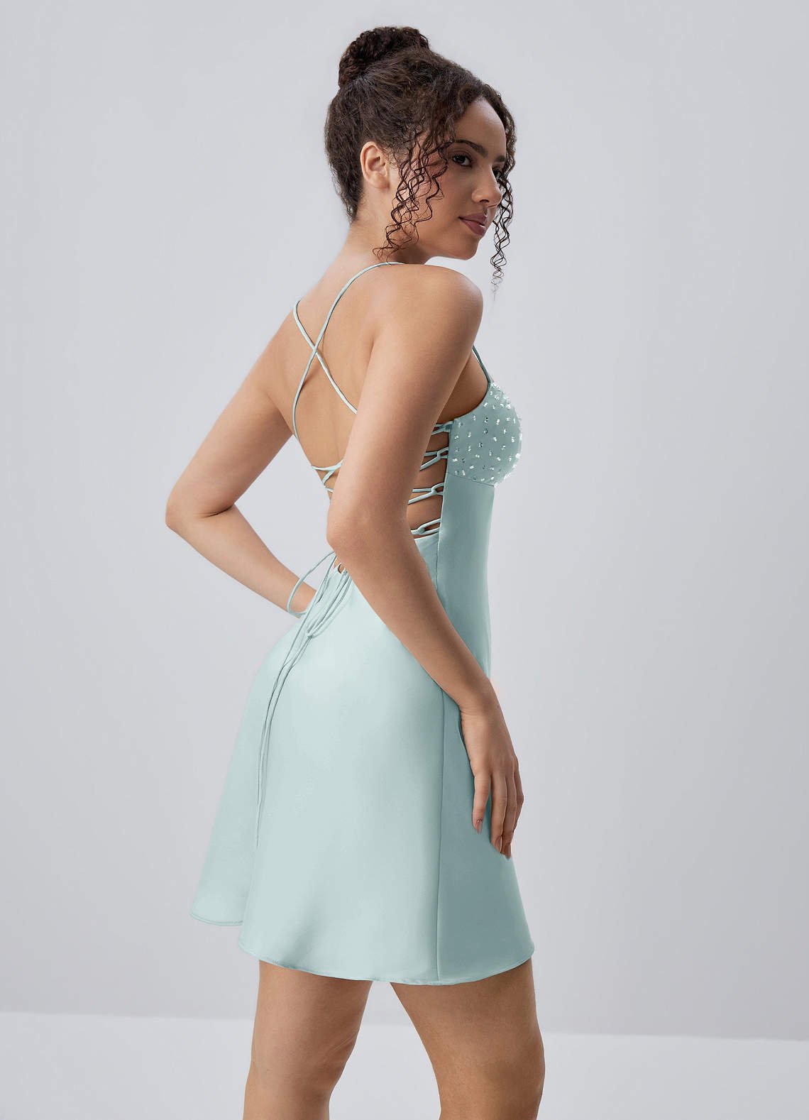 Joviannelle A-Line Spaghetti-Strap Satin Prom Dress in Mist
