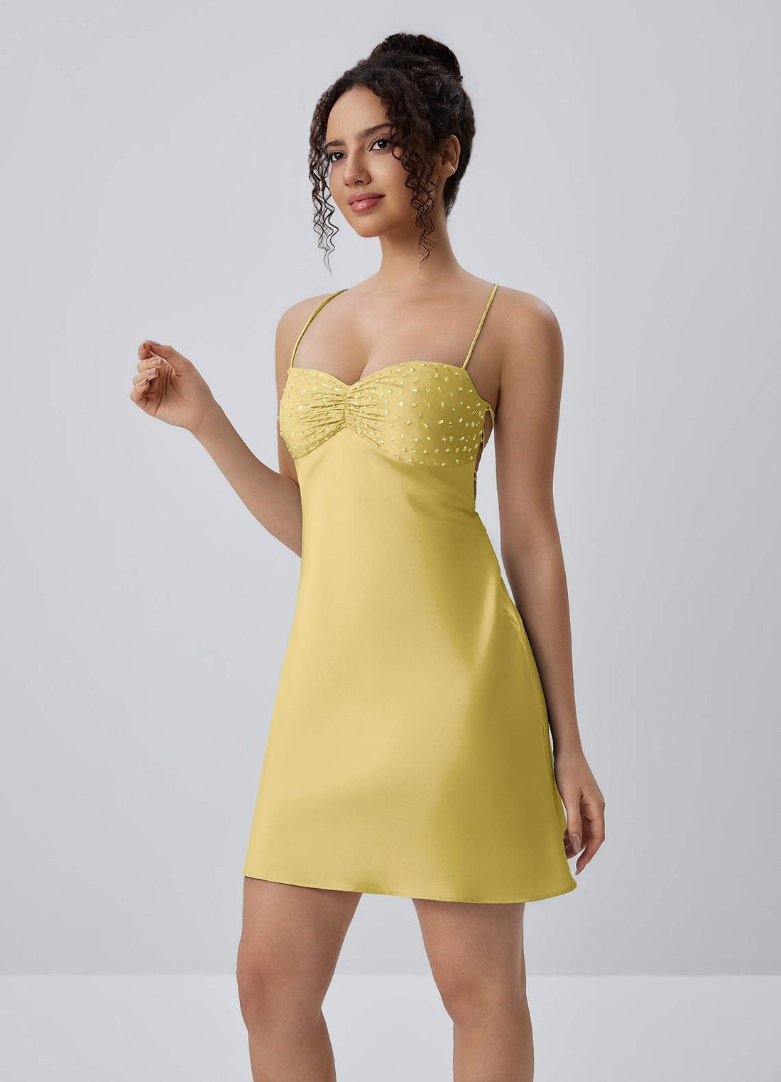Joviannelle A-Line Spaghetti-Strap Satin Prom Dress in Pastel Yellow