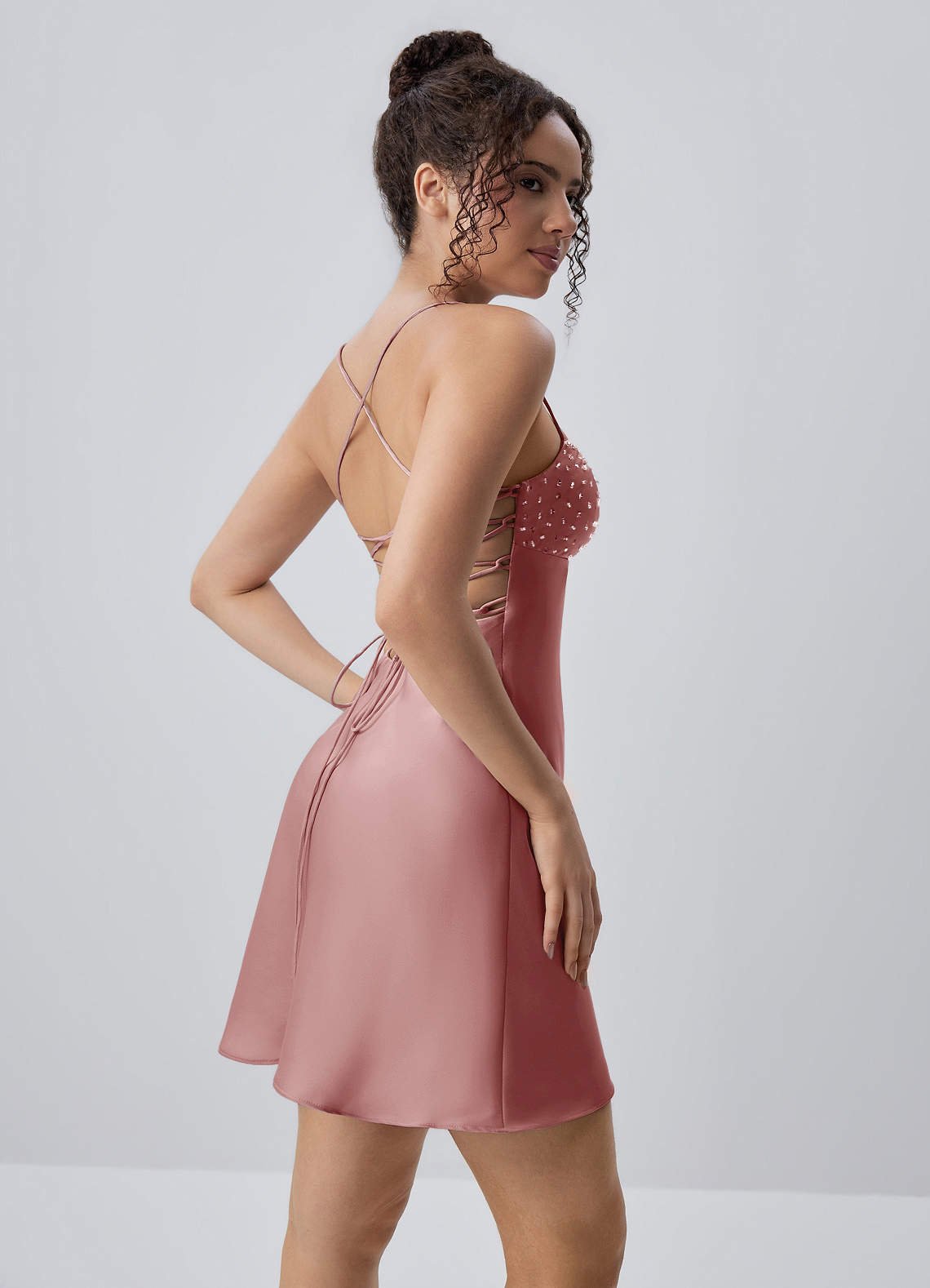 Joviannelle A-Line Spaghetti-Strap Satin Prom Dress in Dusty Pink