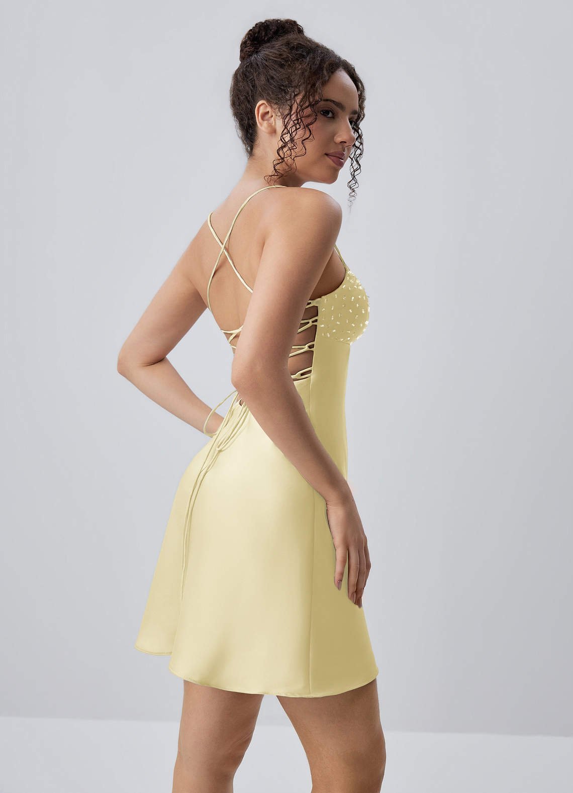 Joviannelle A-Line Spaghetti-Strap Satin Prom Dress in Lemon Sorbet