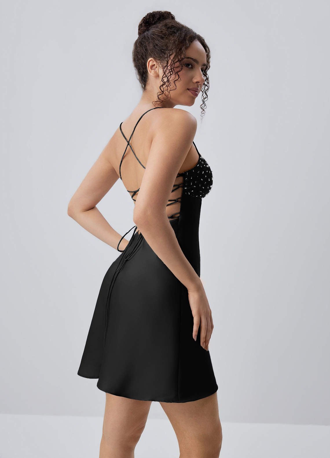 Joviannelle A-Line Spaghetti-Strap Satin Prom Dress in black