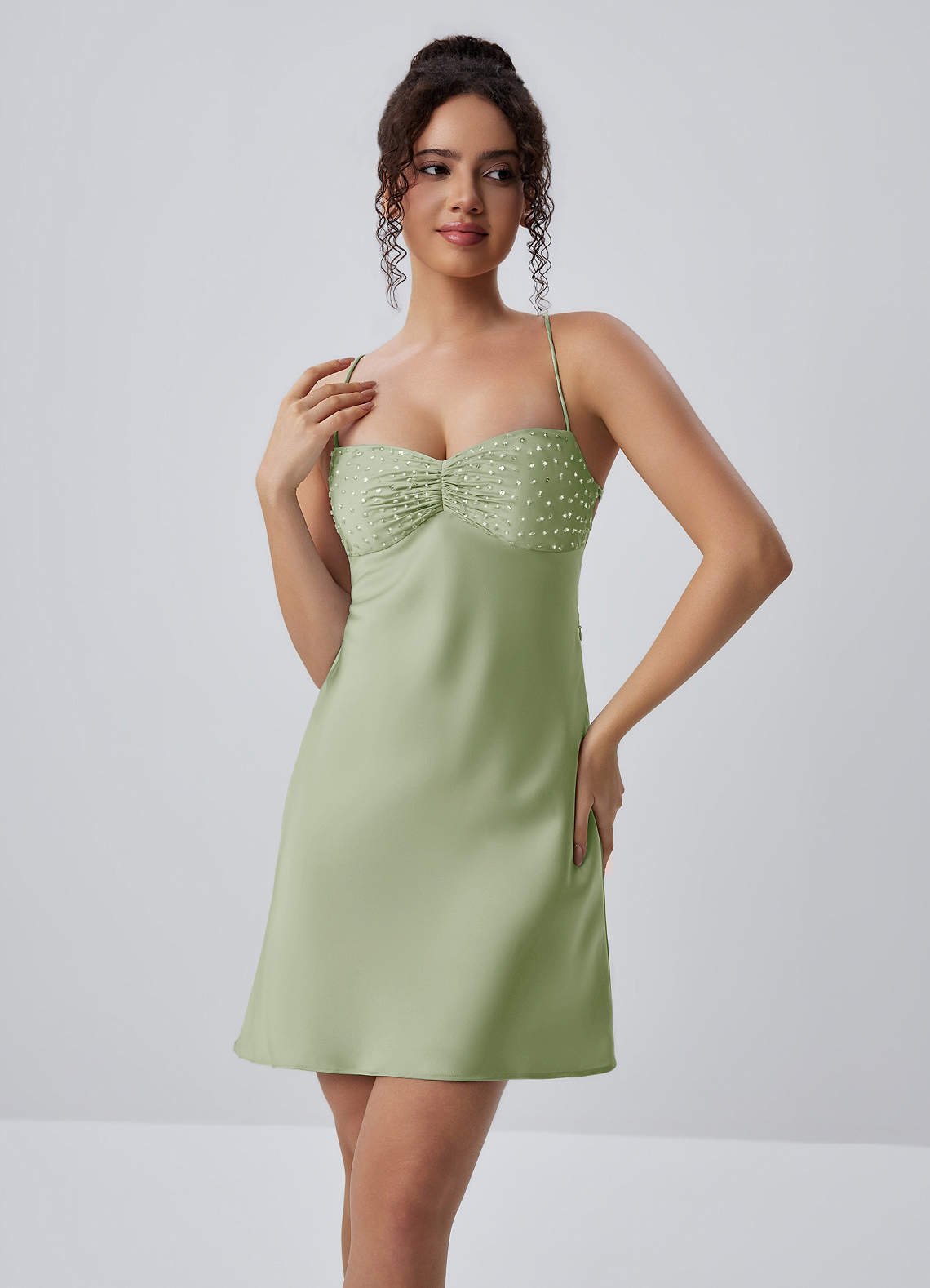 Joviannelle A-Line Spaghetti-Strap Satin Prom Dress in Light Green