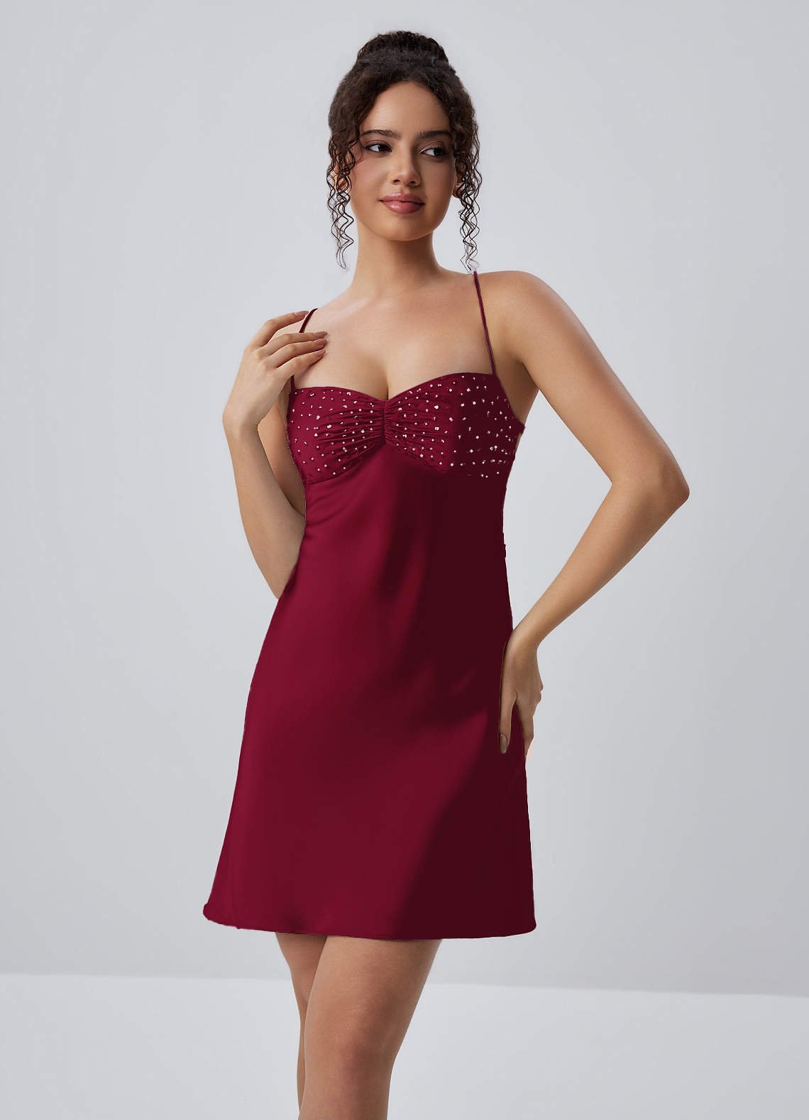 Joviannelle A-Line Spaghetti-Strap Satin Prom Dress in Merlot