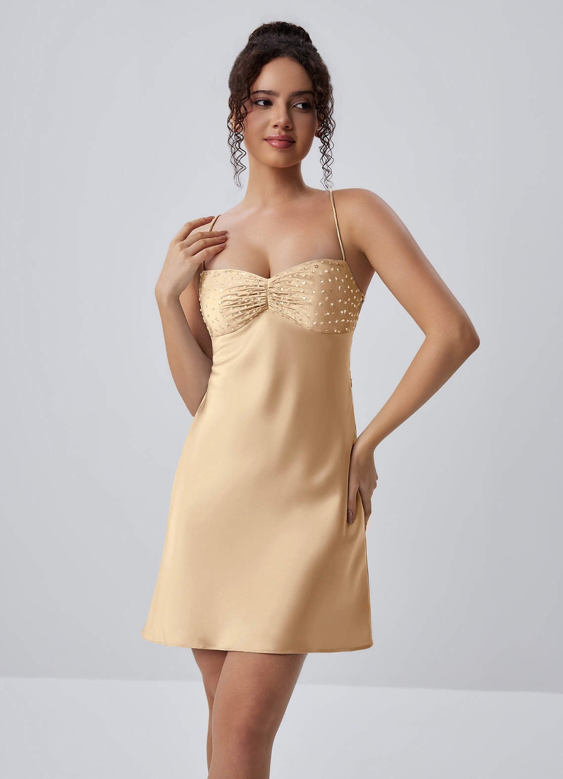 Joviannelle A-Line Spaghetti-Strap Satin Prom Dress in Champagne