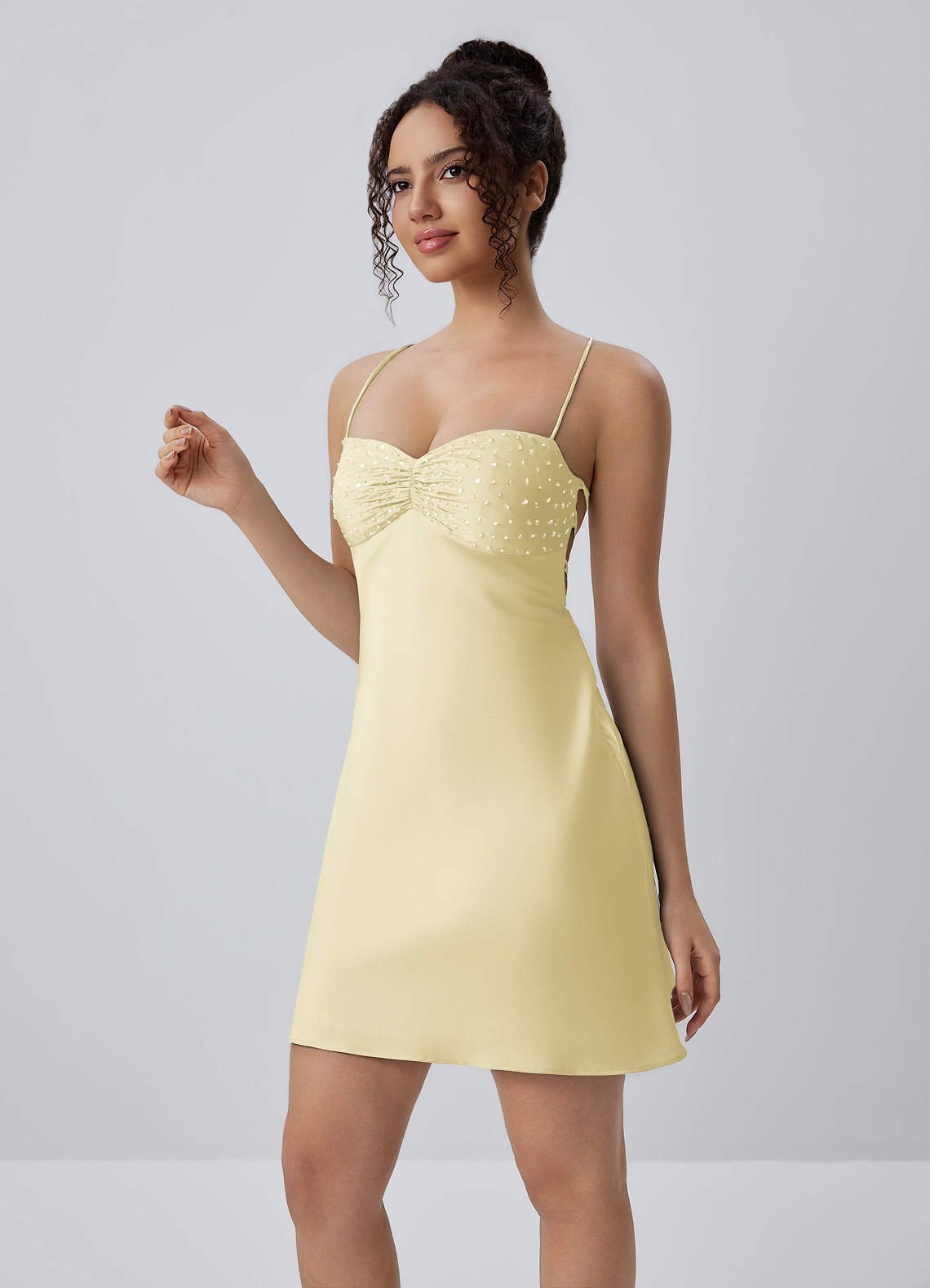 Joviannelle A-Line Spaghetti-Strap Satin Prom Dress in Pastel Yellow
