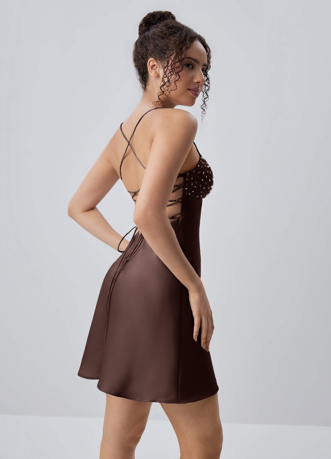 Joviannelle A-Line Spaghetti-Strap Satin Prom Dress in Truffle