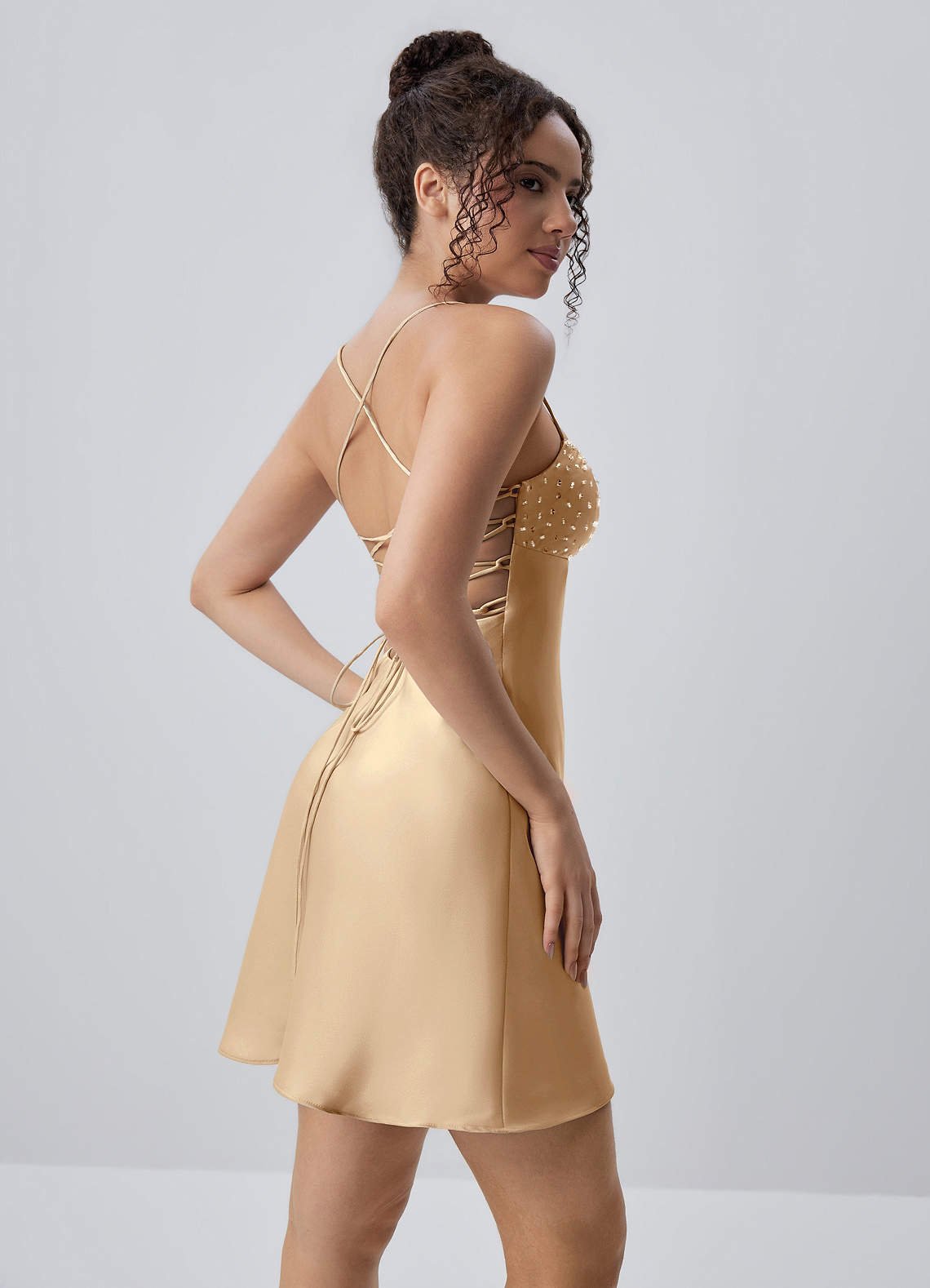 Joviannelle A-Line Spaghetti-Strap Satin Prom Dress in Champagne