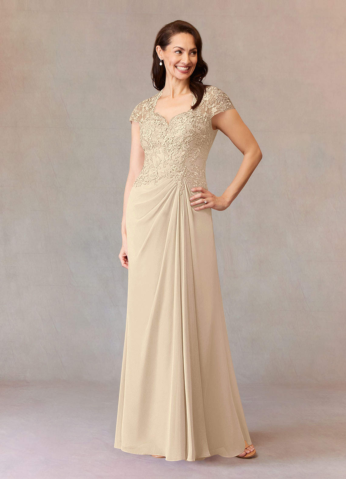 Junie A-Line Queen Anne Chiffon Mother of the Bride Dress in champagne