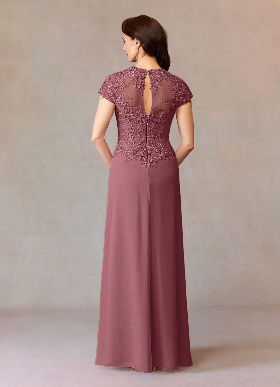 Junie A-Line Queen Anne Chiffon Mother of the Bride Dress in Desert Rose