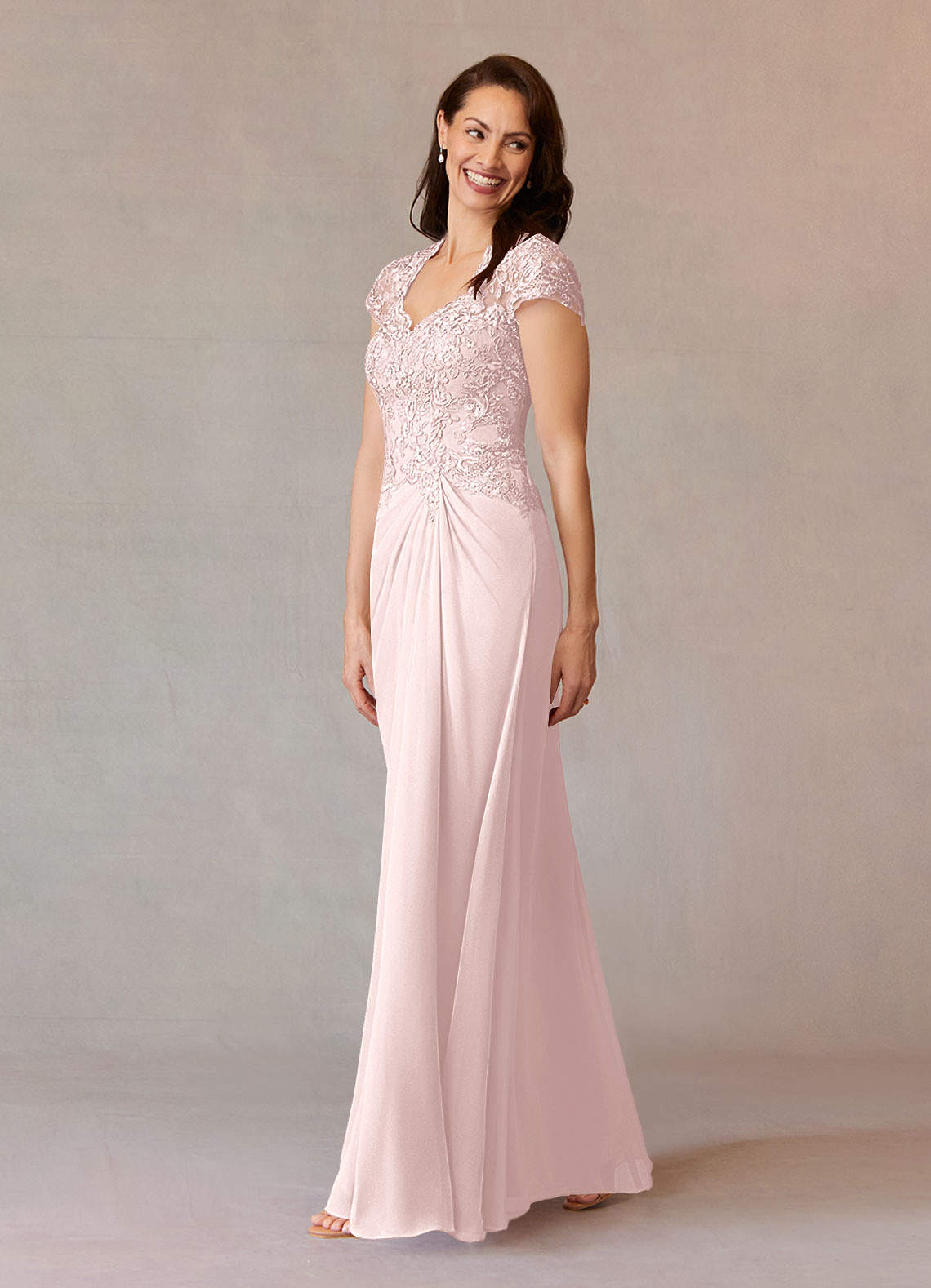 Junie A-Line Queen Anne Chiffon Mother of the Bride Dress in Blushing Pink