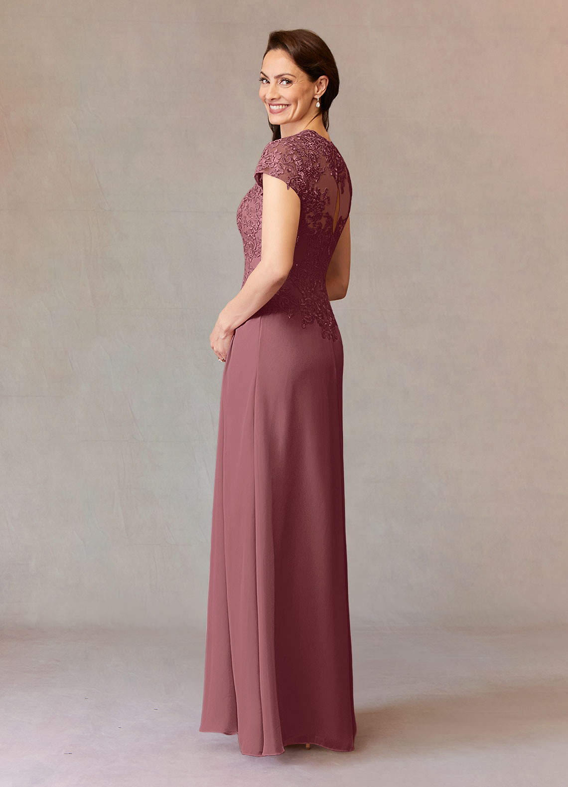 Junie A-Line Queen Anne Chiffon Mother of the Bride Dress in Desert Rose