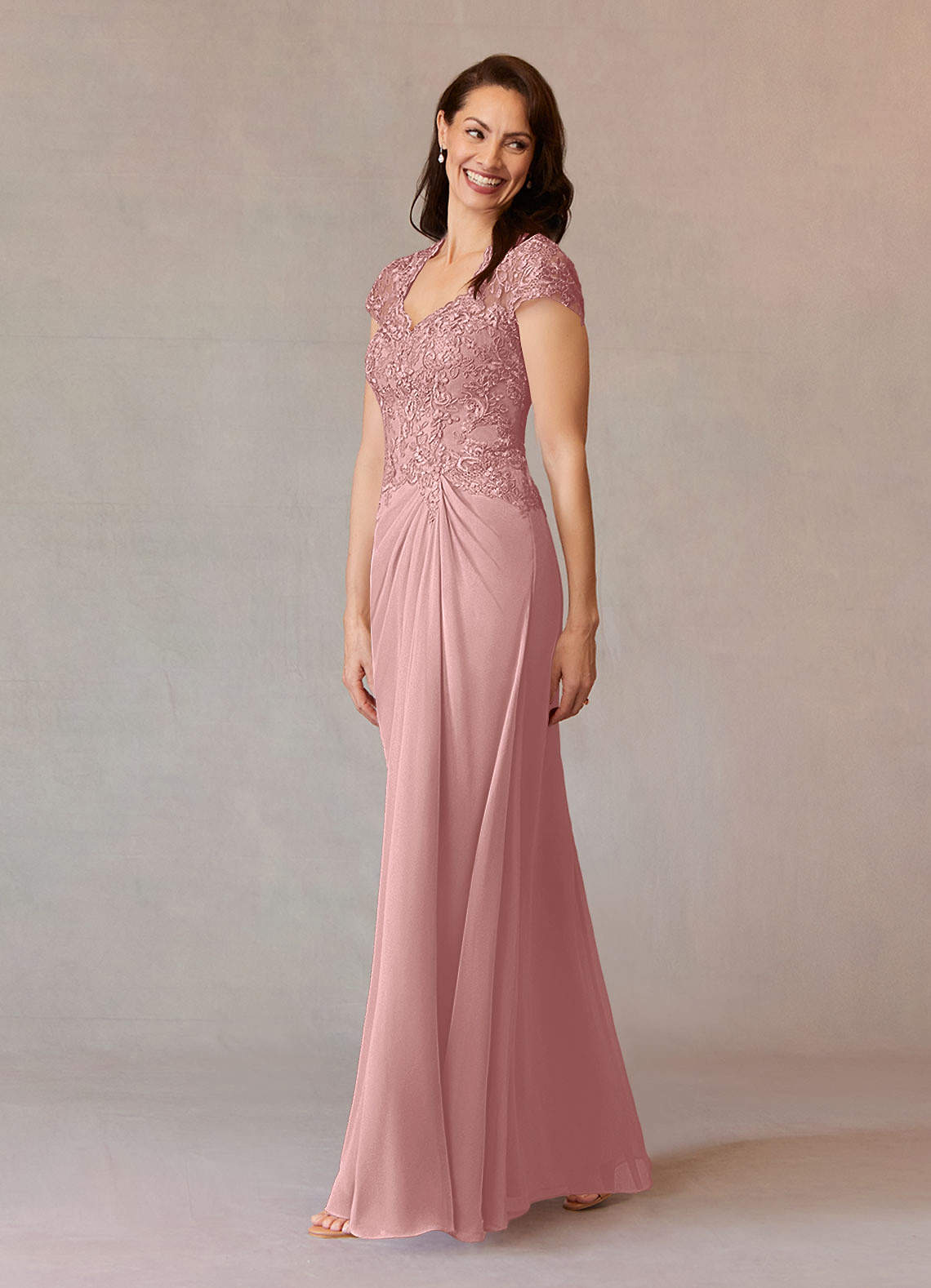 Junie A-Line Queen Anne Chiffon Mother of the Bride Dress in Dusty Rose