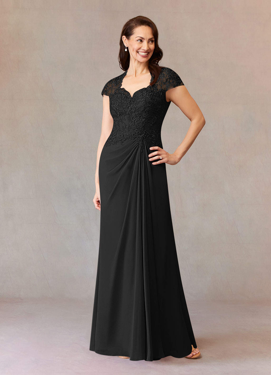 Junie A-Line Queen Anne Chiffon Mother of the Bride Dress in black