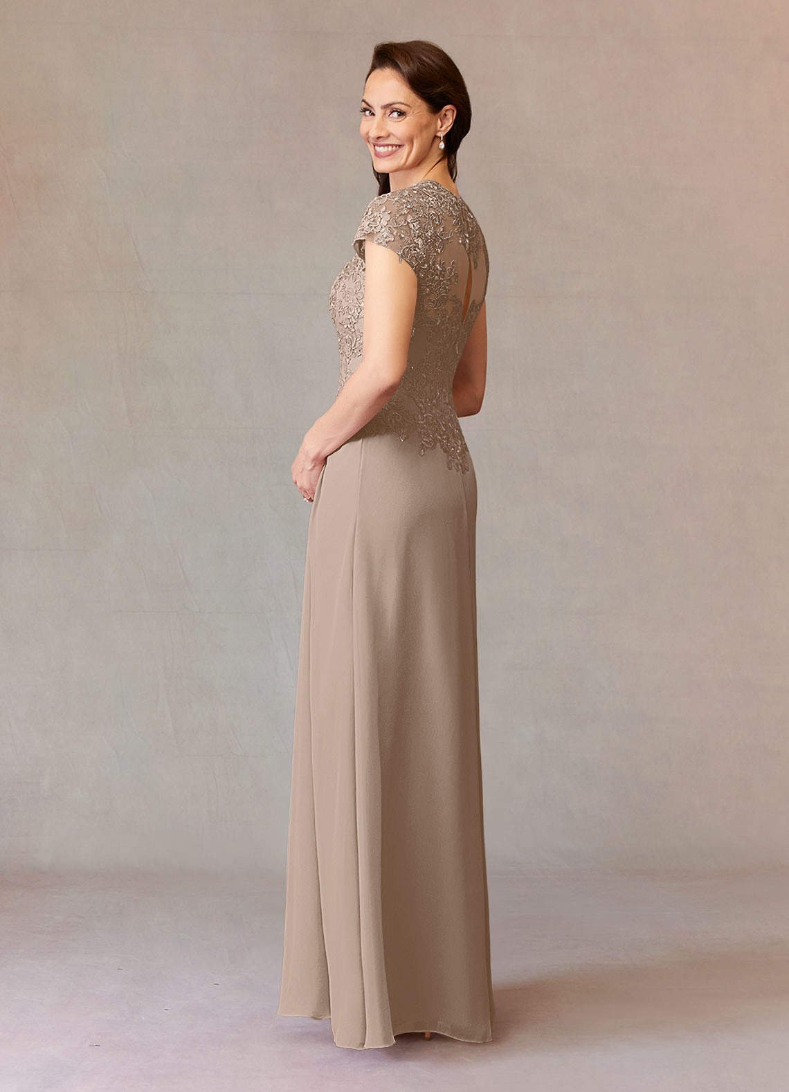 Junie A-Line Queen Anne Chiffon Mother of the Bride Dress in taupe