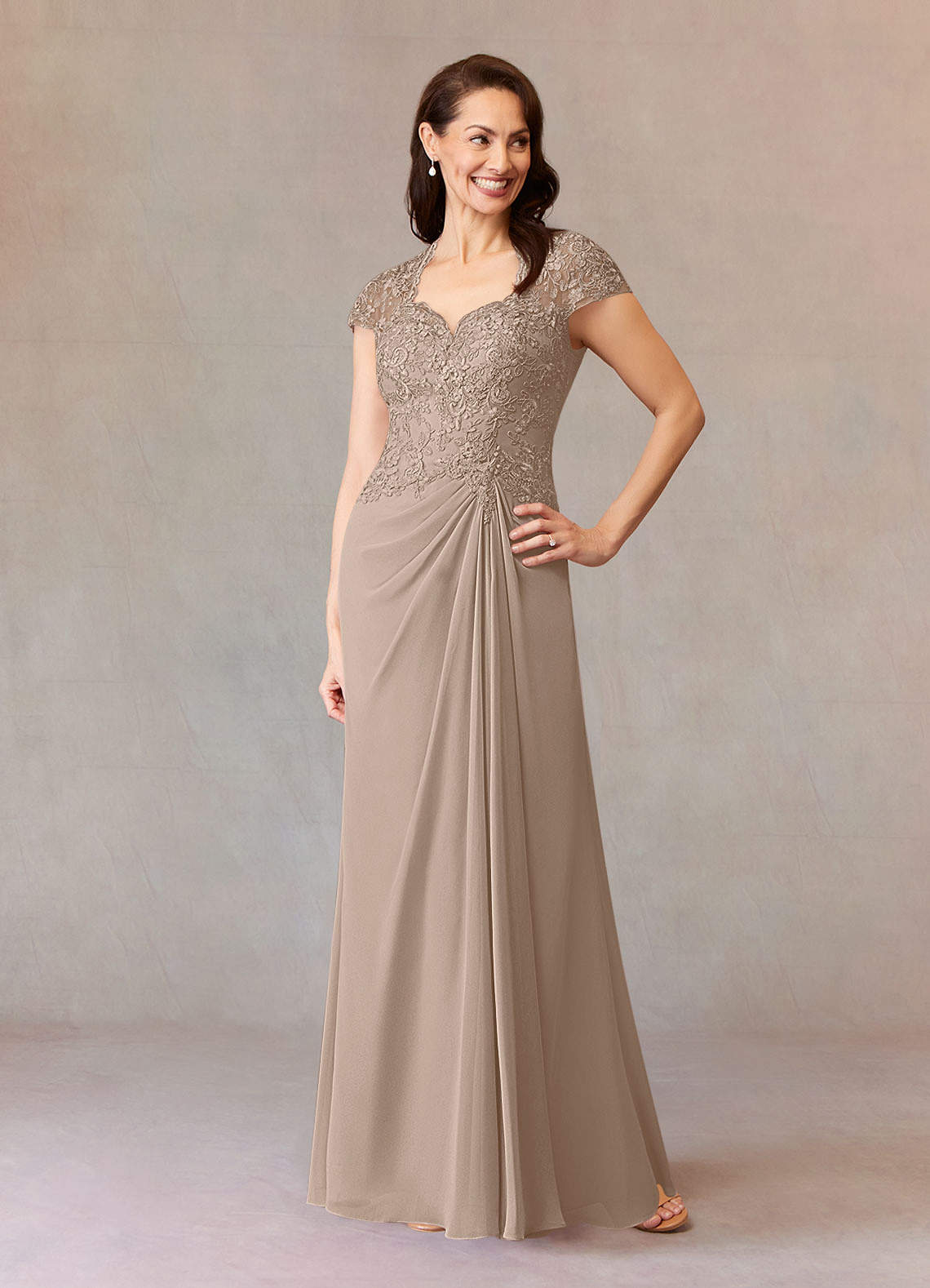 Junie A-Line Queen Anne Chiffon Mother of the Bride Dress in taupe