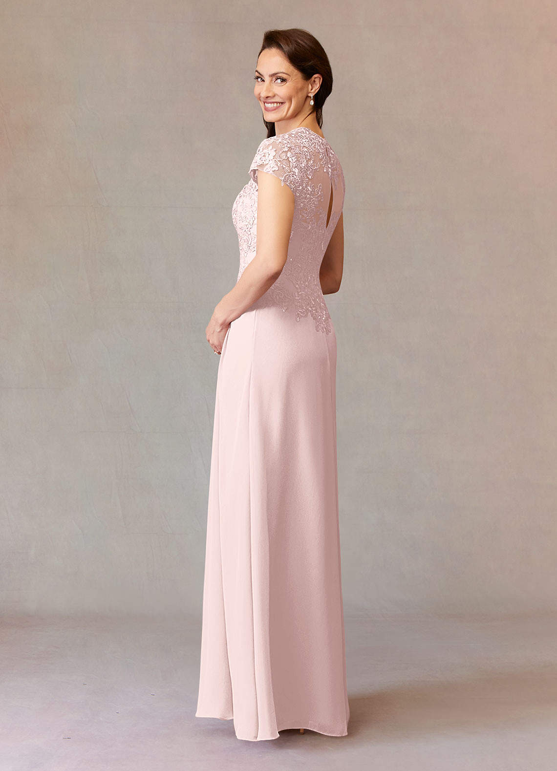 Junie A-Line Queen Anne Chiffon Mother of the Bride Dress in Blushing Pink