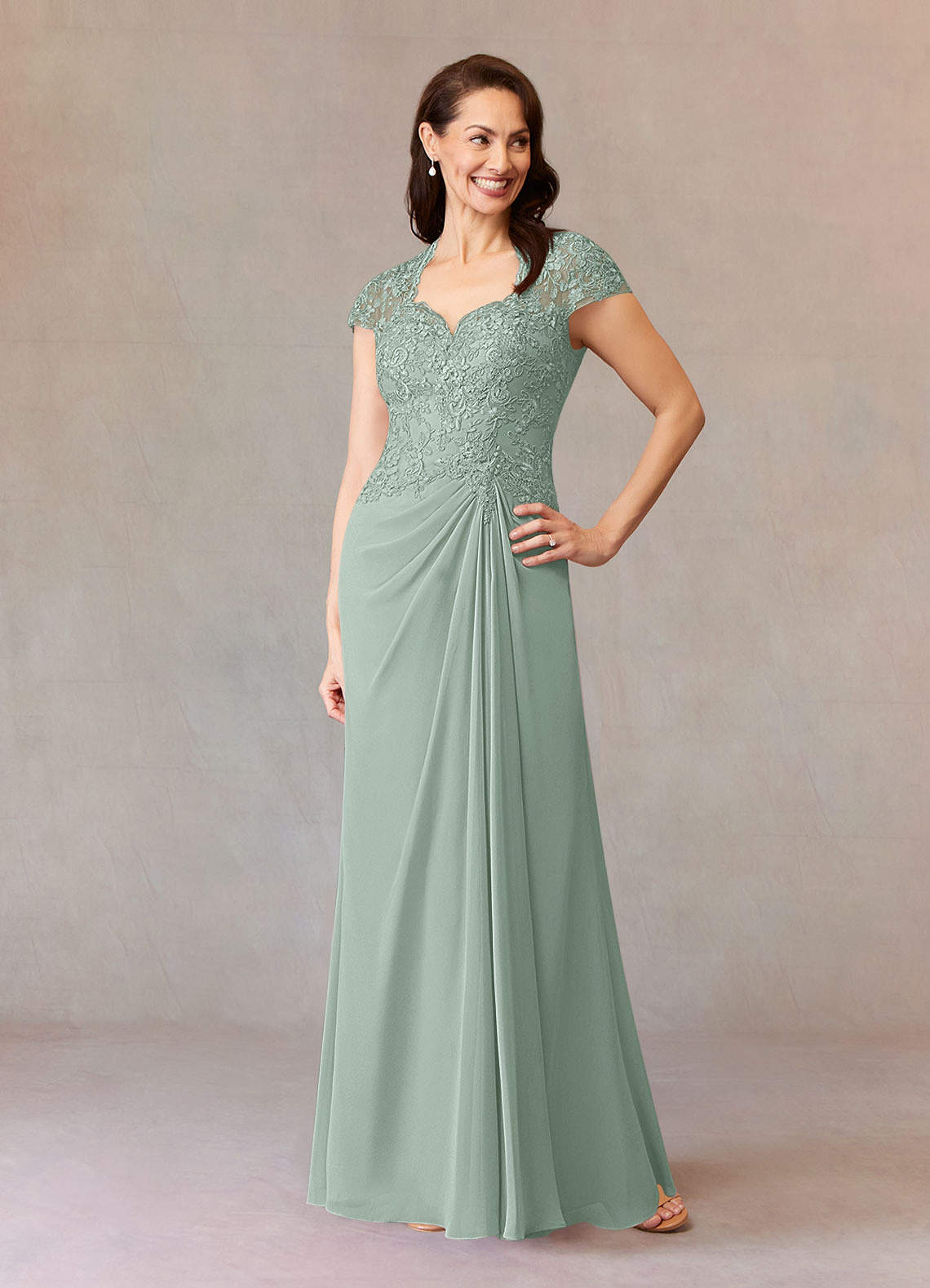 Junie A-Line Queen Anne Chiffon Mother of the Bride Dress in Agave