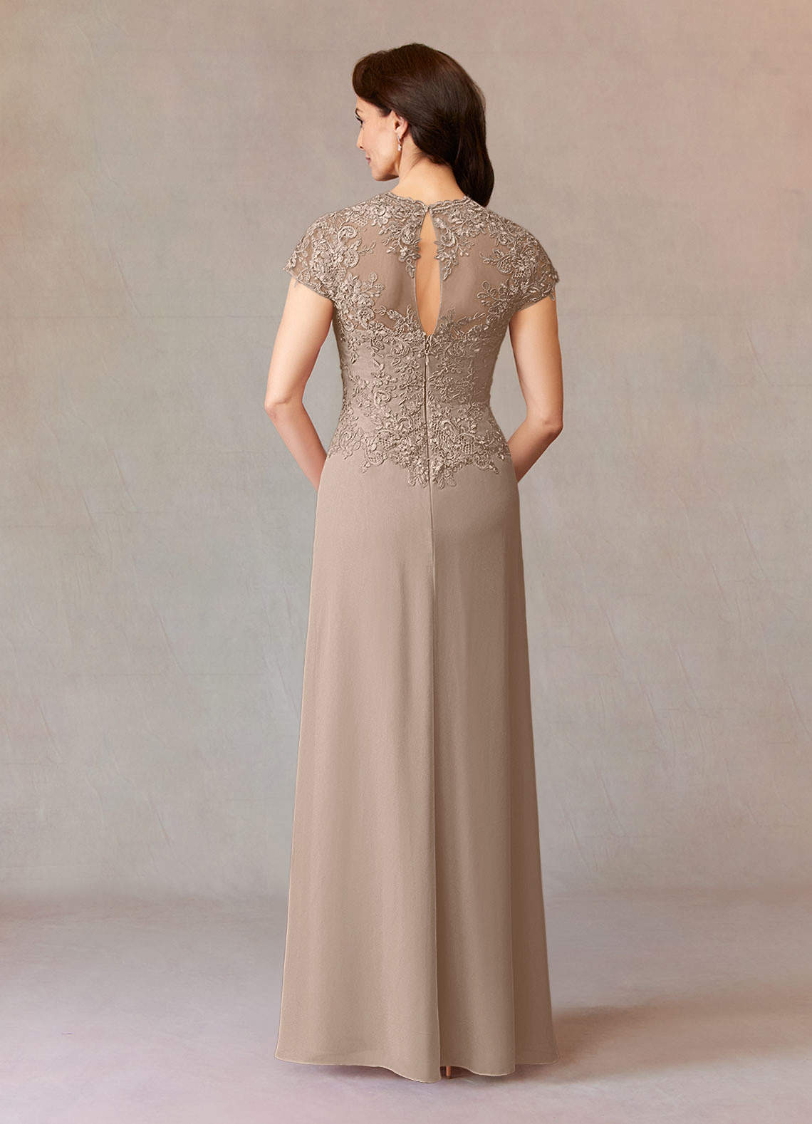 Junie A-Line Queen Anne Chiffon Mother of the Bride Dress in taupe
