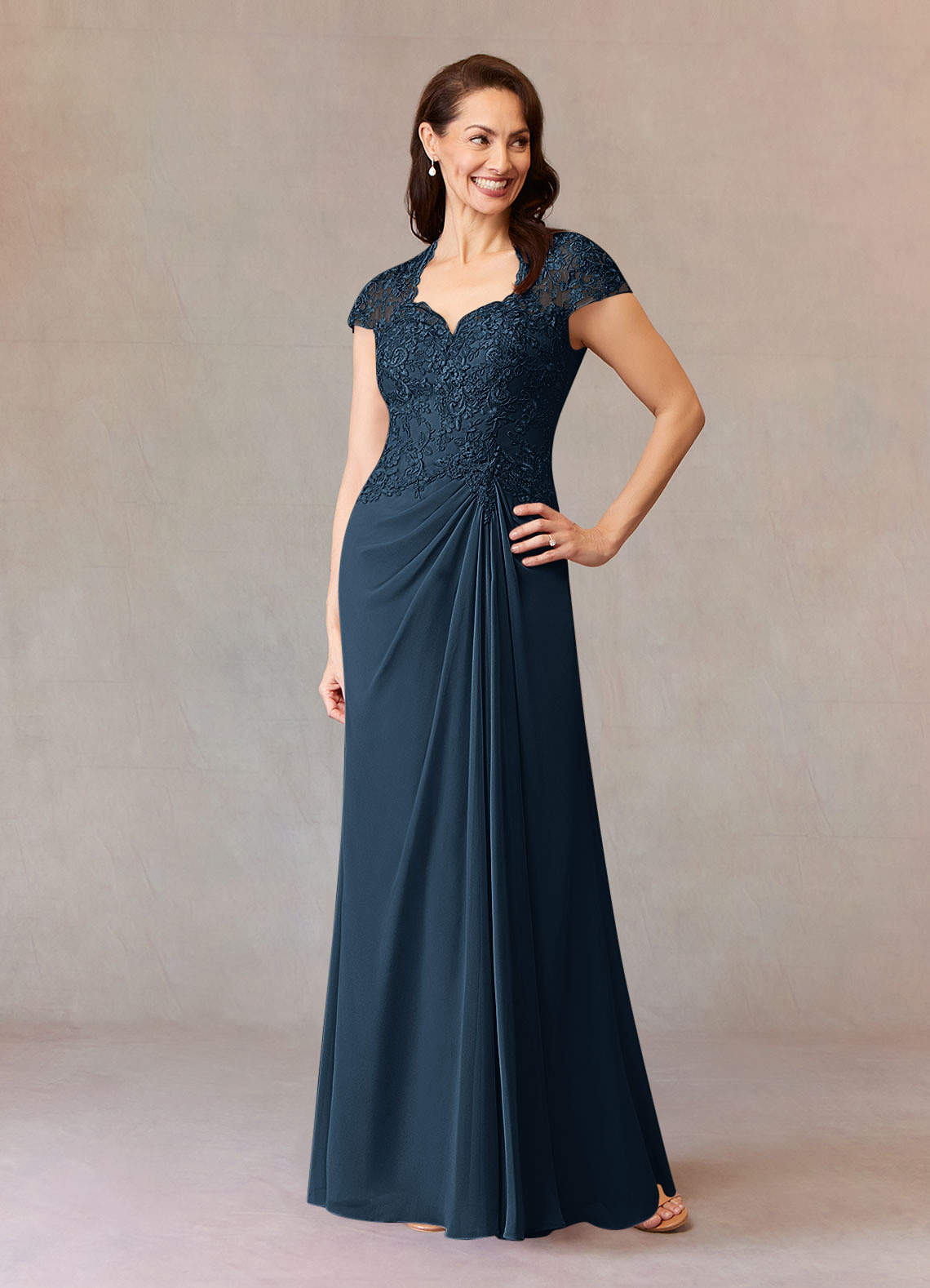 Junie A-Line Queen Anne Chiffon Mother of the Bride Dress in Dark Navy
