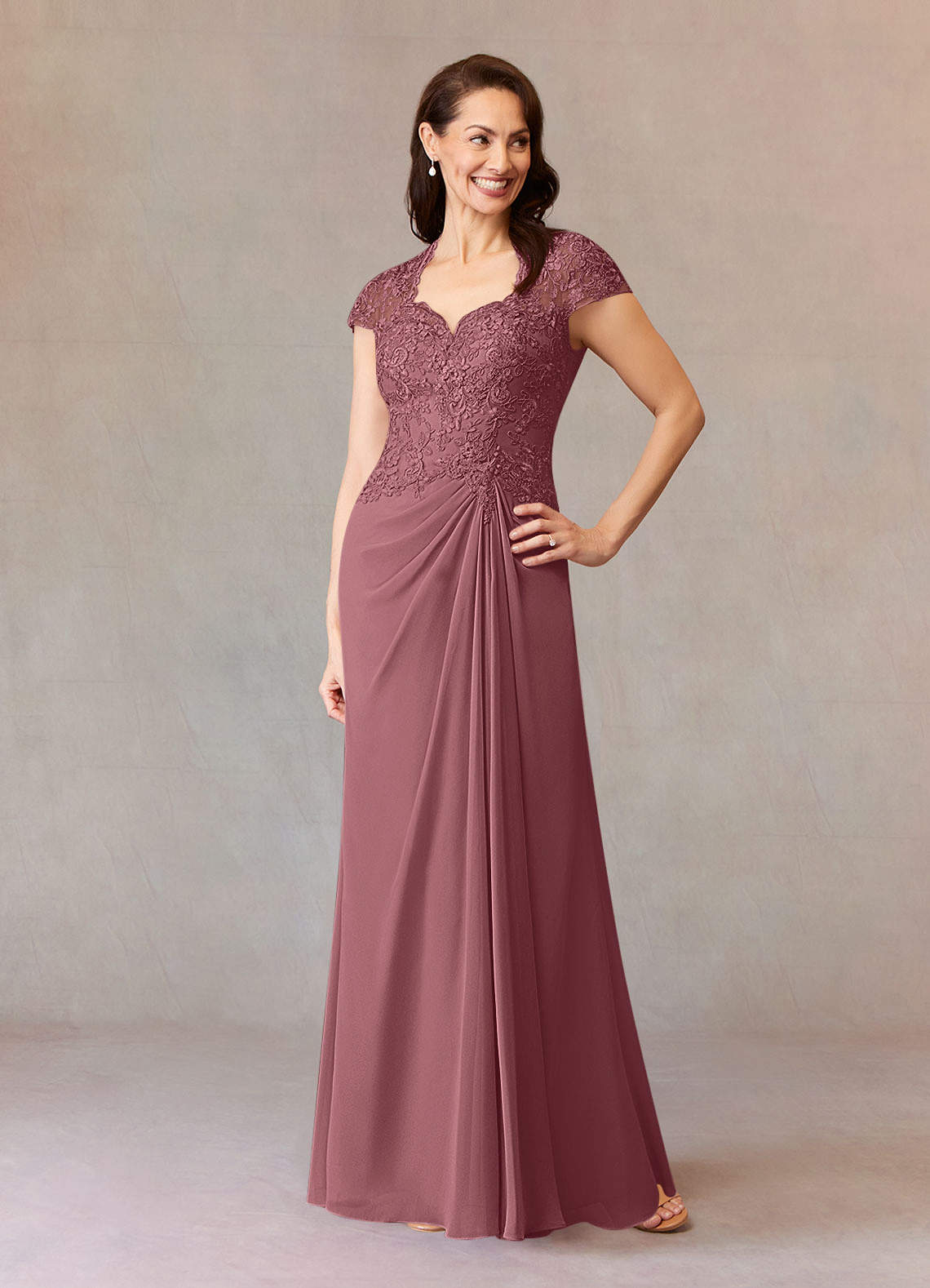 Junie A-Line Queen Anne Chiffon Mother of the Bride Dress in Desert Rose