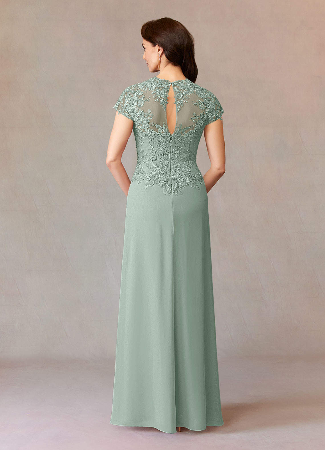 Junie A-Line Queen Anne Chiffon Mother of the Bride Dress in Agave